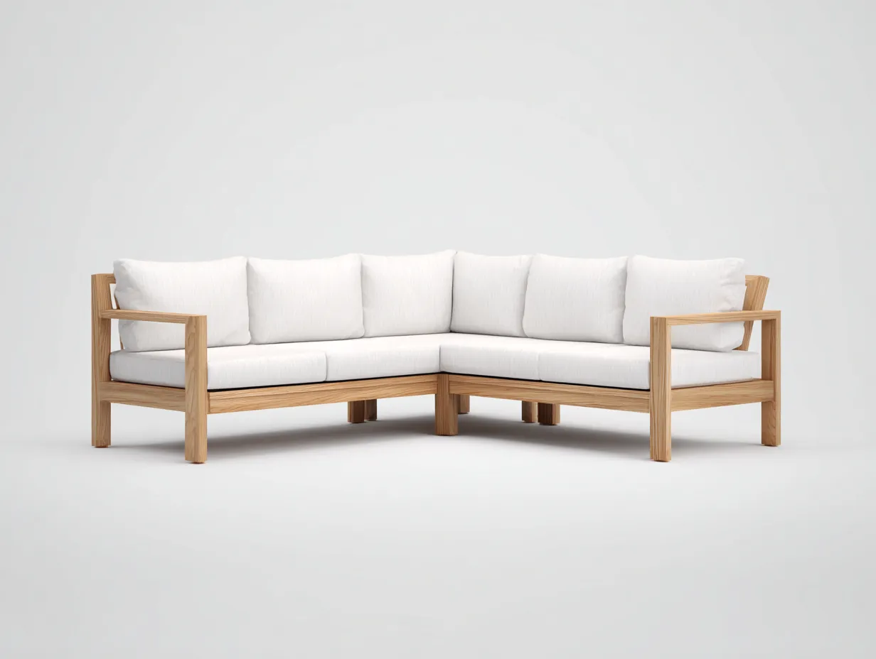 Ecksofa mit hellem Holzrahmen 310x228x79 cm - Weiß und Naturholz - für Außenbereich