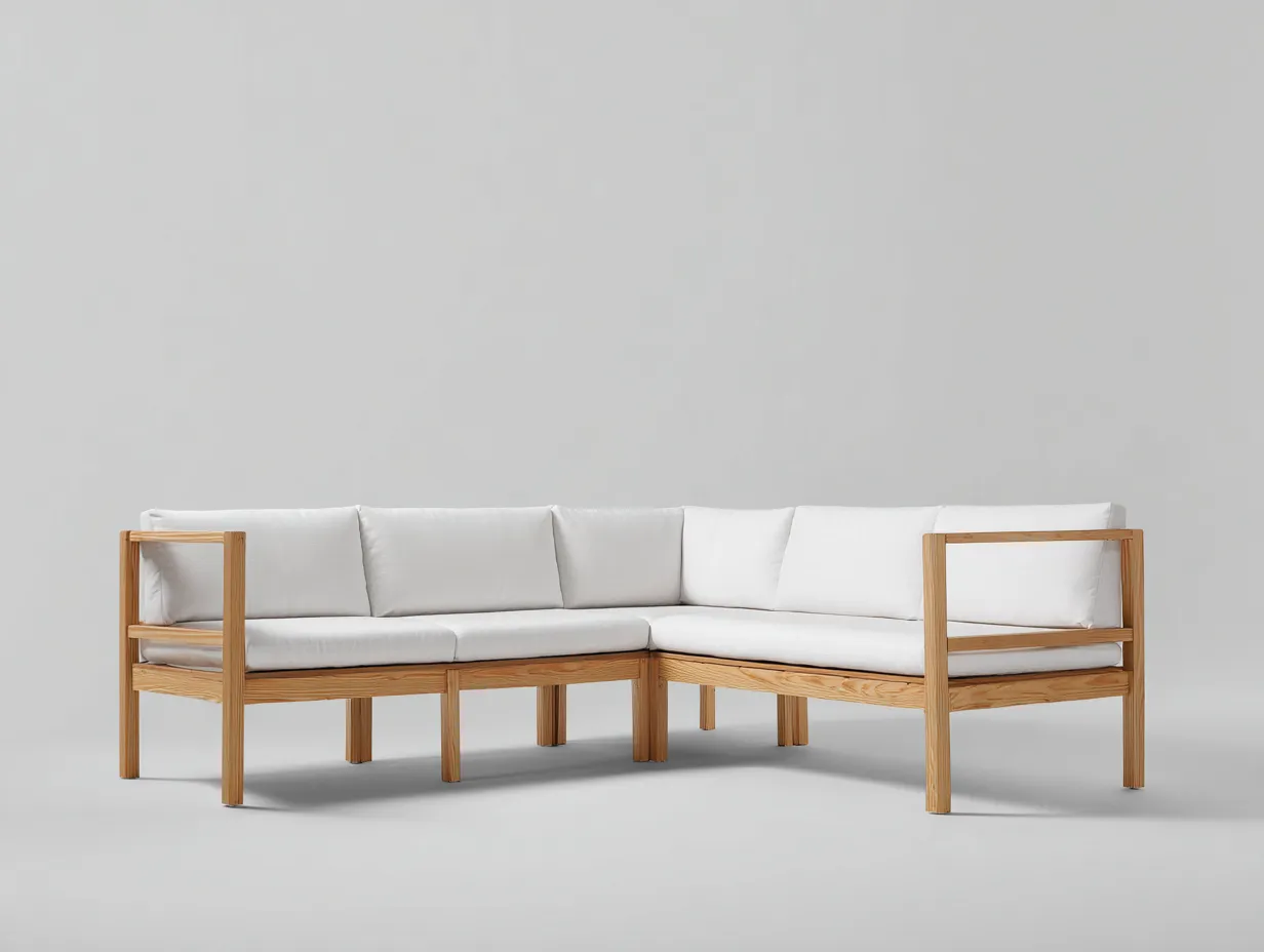 Ecksofa mit Holzgestell 300x220x77 cm - Weiß und Naturholz - für Terrasse