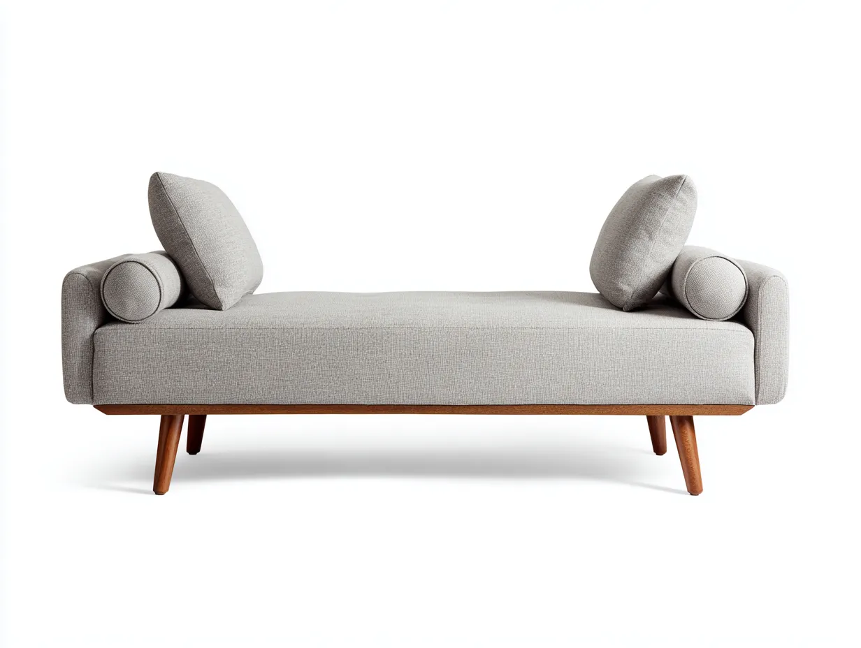 Sitzbank aus Stoff 205x74x68 cm - Hellgrau und Naturholz - gepolstert für Schlafzimmer