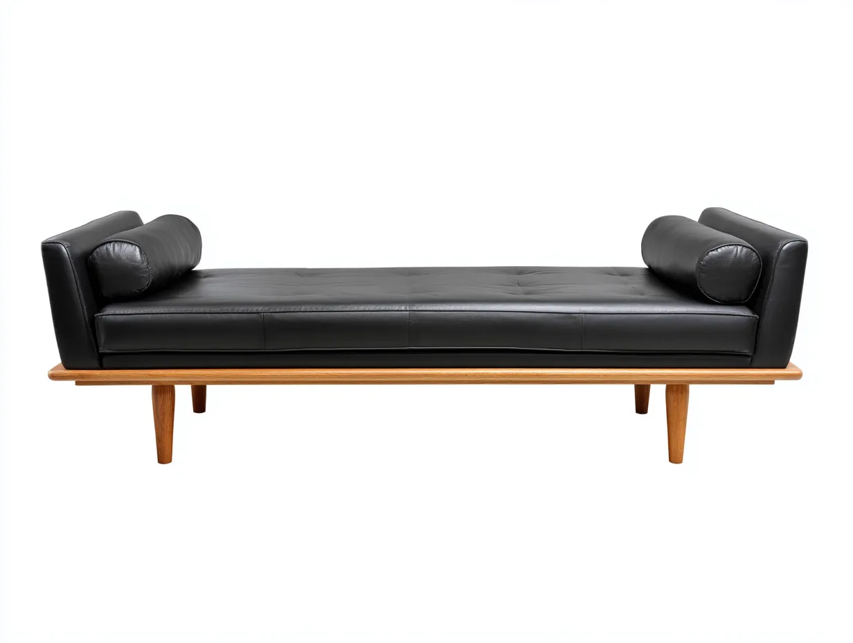 Sitzbank aus Leder 210x76x70 cm - Schwarz und Holzbraun - gesteppte Liegefläche für Schlafzimmer
