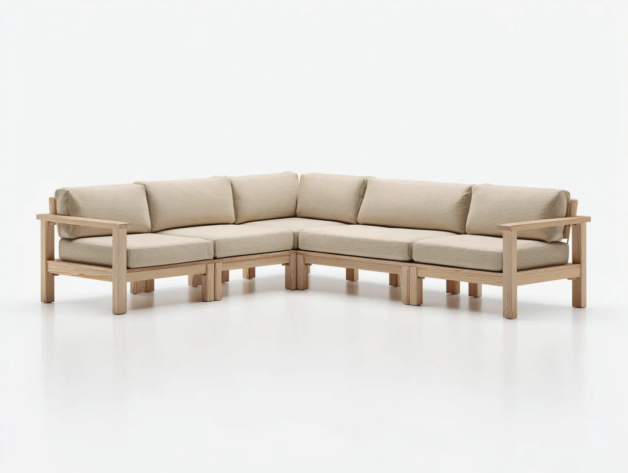 Ecksofa aus Holz und Stoff 275x205x76 cm - Beige und Naturholz - für Terrasse und Garten
