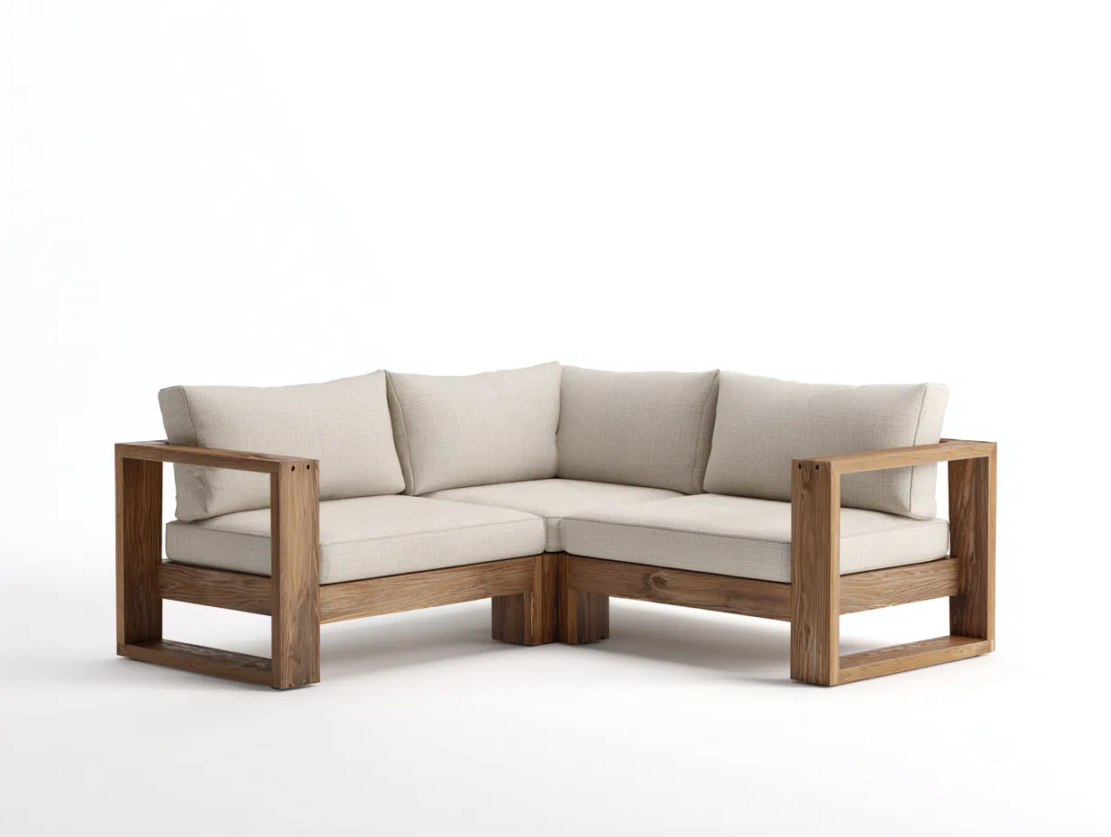 Ecksofa mit Holzrahmen 286x214x78 cm - Beige und Naturholz - für Garten und Terrasse