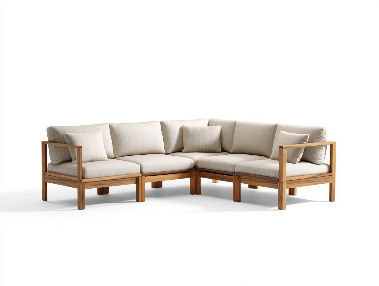 Ecksofa aus Teakholz 295x225x77 cm - Creme und Naturholz - Outdoor-Komfort für Garten