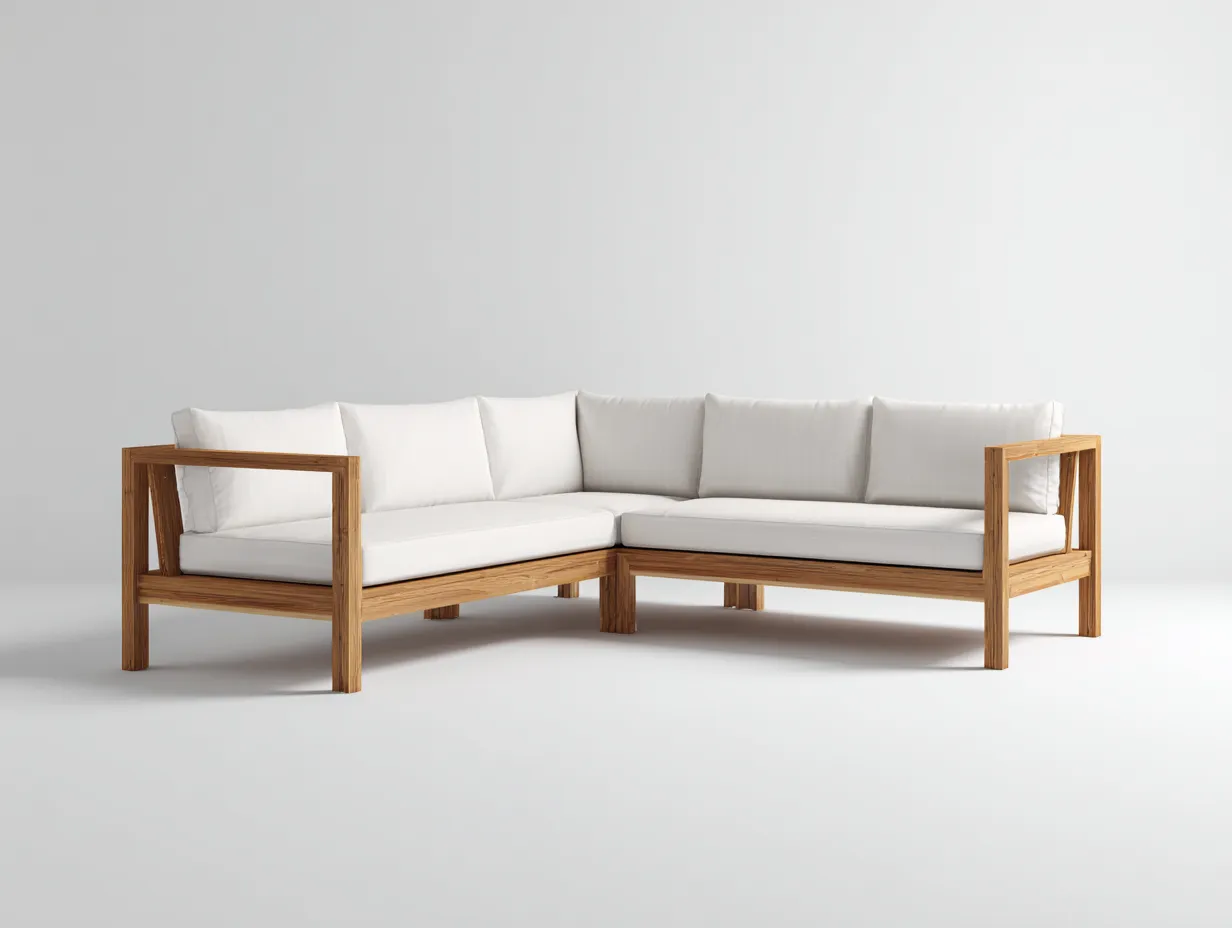 Ecksofa aus Naturholz 305x225x78 cm - Weiß und Naturholz - für Gartenlounge