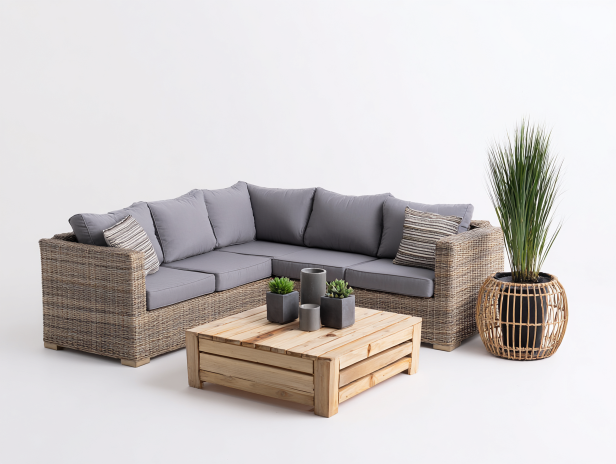 Divani da esterno in rattan 240x240x78 cm - naturale e grigio - design moderno per giardino-Zalenvastudio