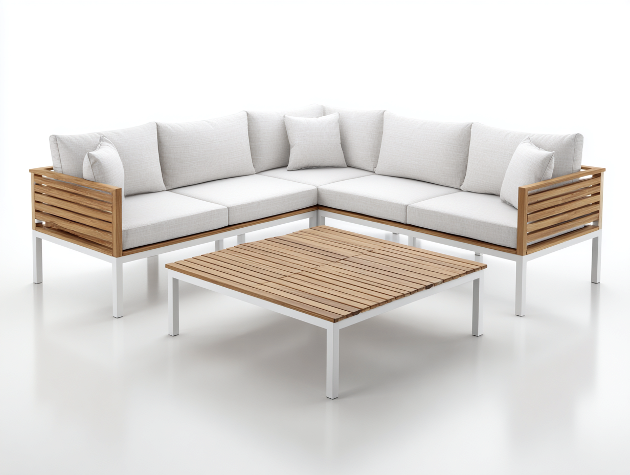 Divani da esterno in legno e metallo 260x260x80 cm - naturale e bianco - design moderno per giardino-Zalenvastudio