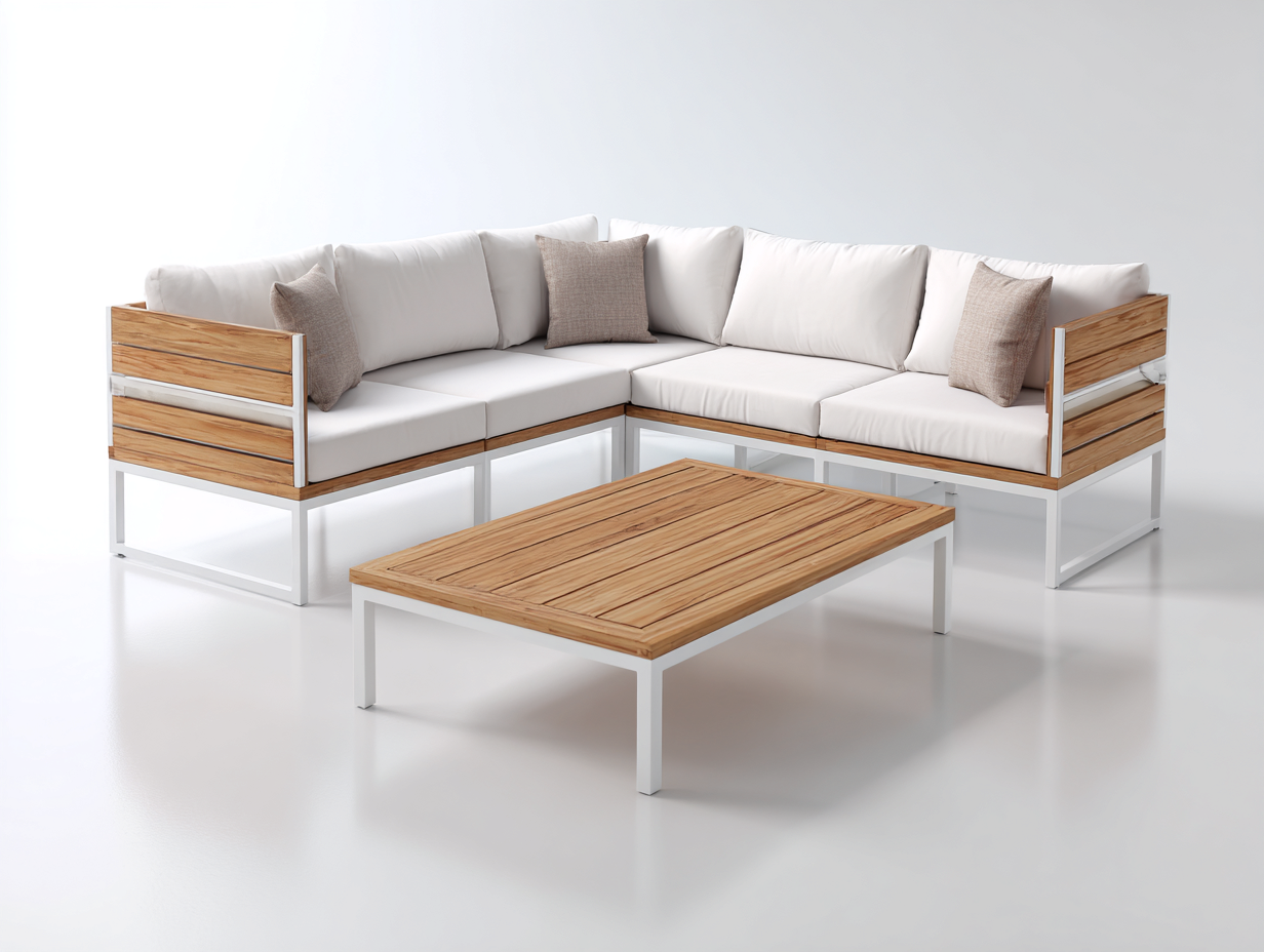 Divani da esterno in legno e metallo 250x250x78 cm - naturale e bianco - design moderno per giardino-Zalenvastudio