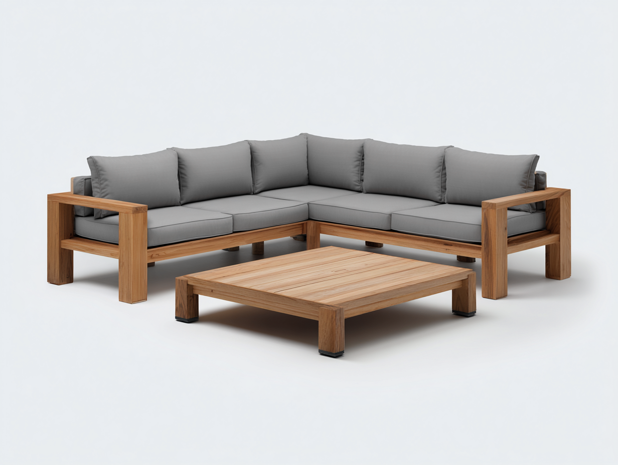 Sofá de exterior angular de madera 235x235x68 cm - gris-natural - diseño moderno con mesa de centro-Novexystudio