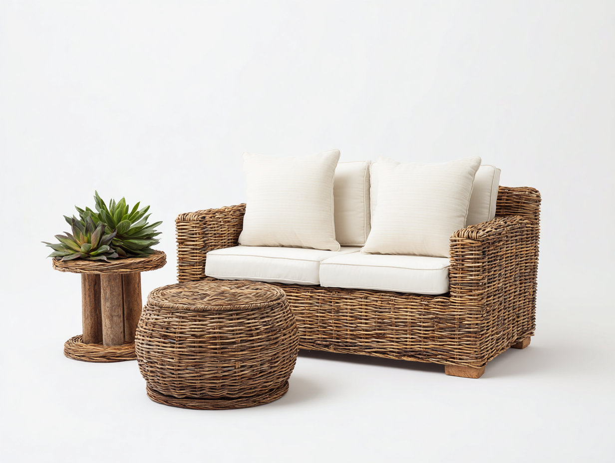 Sofás de exterior 165x82x88 cm ratán sintético color marrón-beige para jardín con mesa auxiliar y reposapiés - diseño natural-Novexystudio