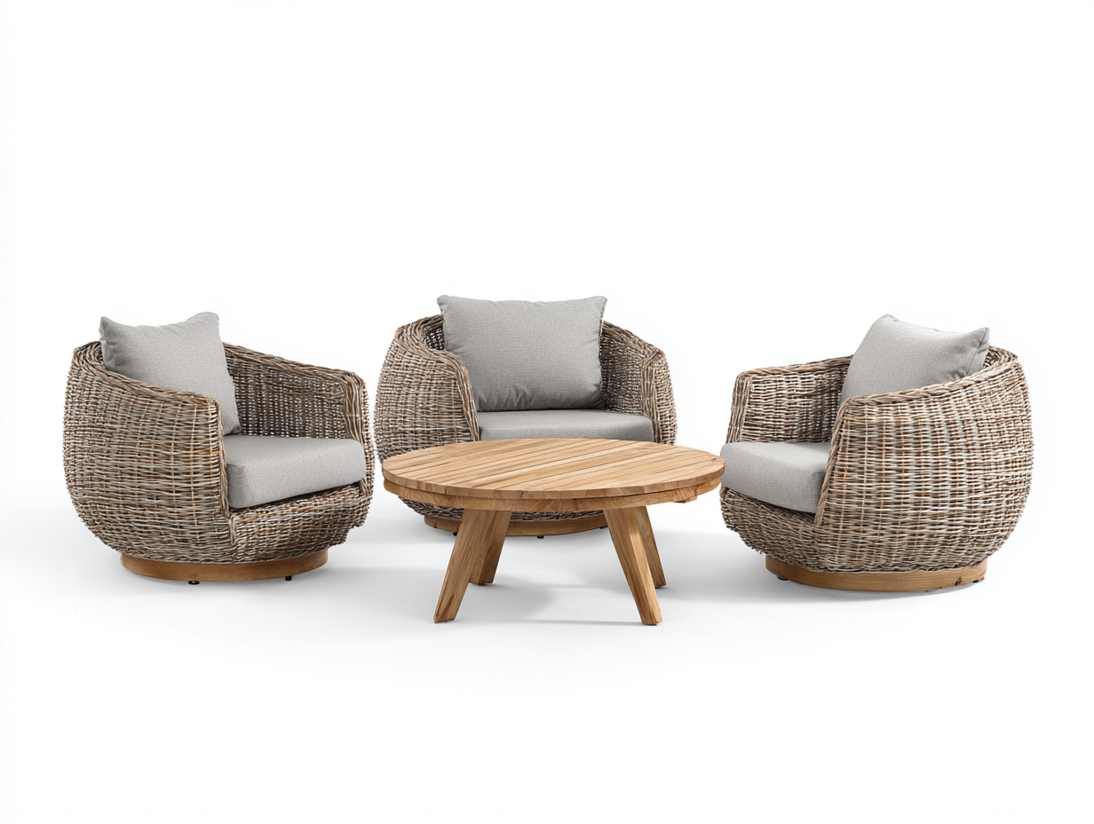 Sofás de exterior de ratán sintético y madera - Sillones 78x72x74 cm y mesa 80x80x45 cm - Natural-Gris claro - Diseño moderno para jardín-Novexystudio
