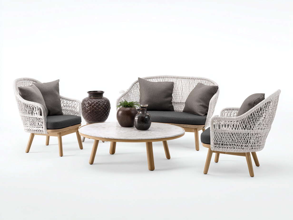 Sofás de exterior de cuerda trenzada y madera 138x72x82 cm gris y beige para jardín - conjunto de 4 piezas-Novexystudio