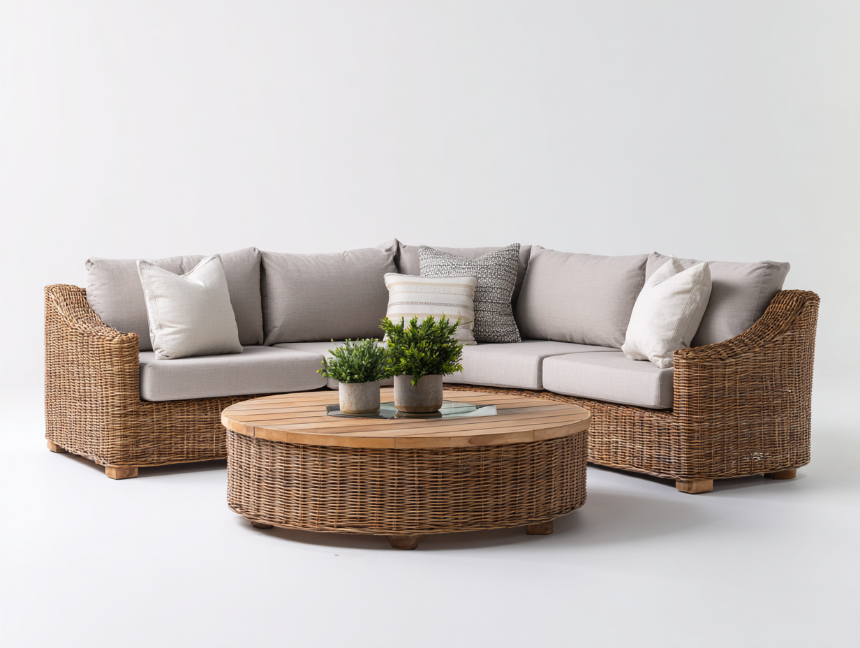 Sofás de exterior conjunto sofá esquinero 230x230x78 cm ratán sintético natural-beige para jardín y terraza - mesa redonda incluida - diseño lounge moderno-Novexystudio