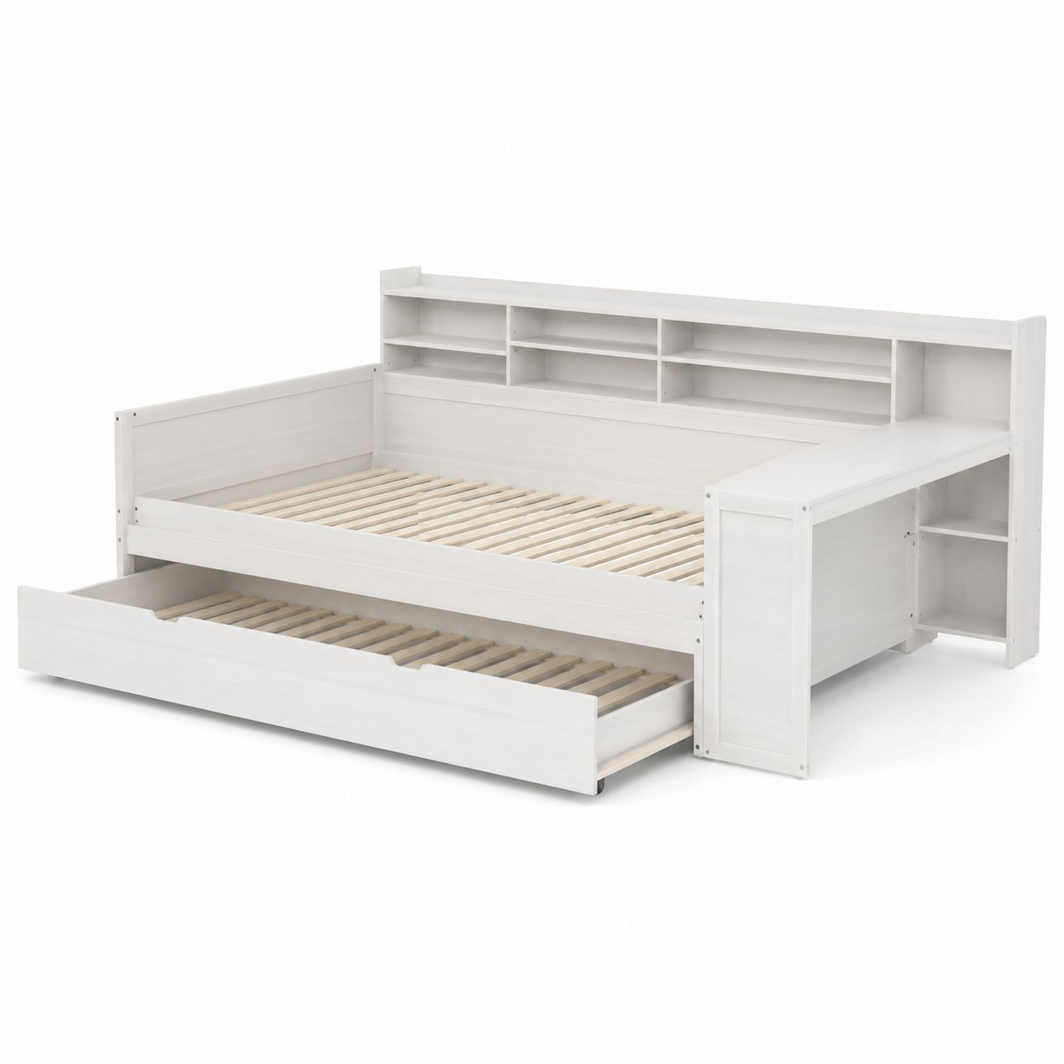 Cama nido de madera con escritorio y estantería, Blanco