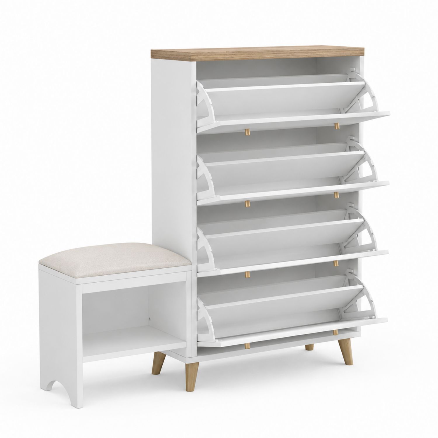 Zapatero con Asiento Blanco de Madera MDF y Tela de Poliéster 103x60x30 cm