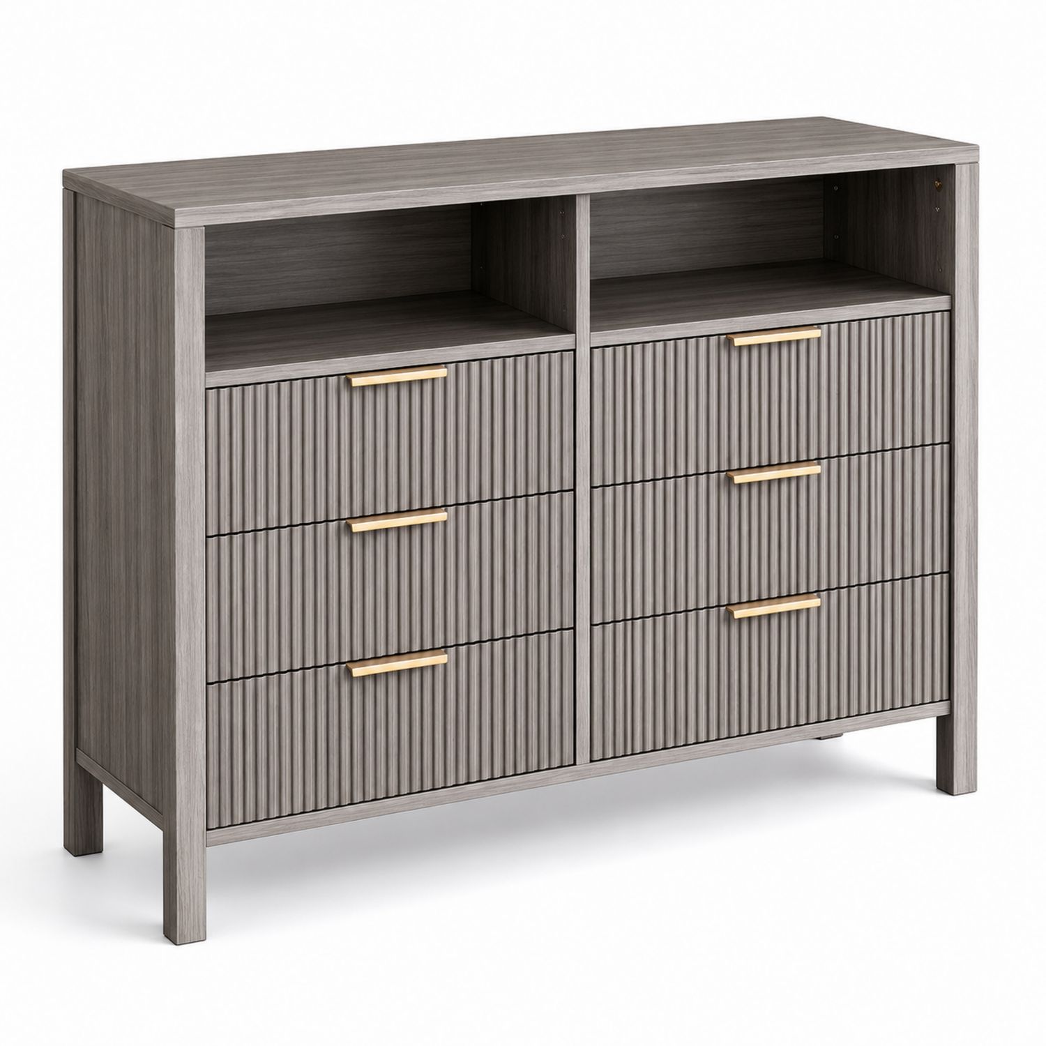 Cajonera de Madera Laminada con 6 Cajones y 2 Estantes Abiertos Gris