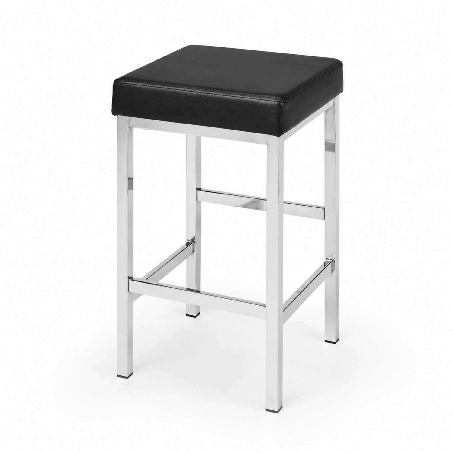 Taburete de metal cromado con asiento de cuero sintético negro