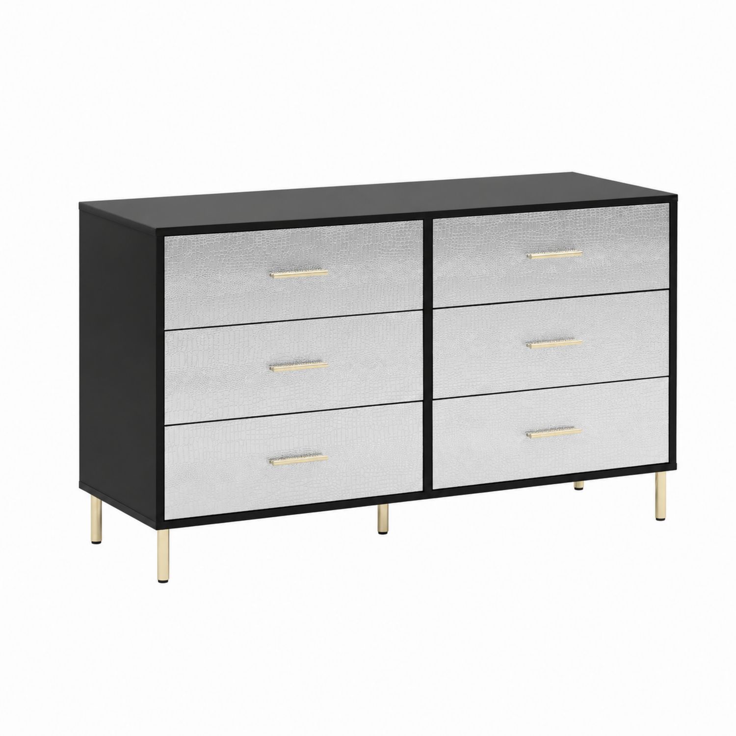 Cajonera de MDF Negro con Frentes de Laminado Plateado y 6 Cajones