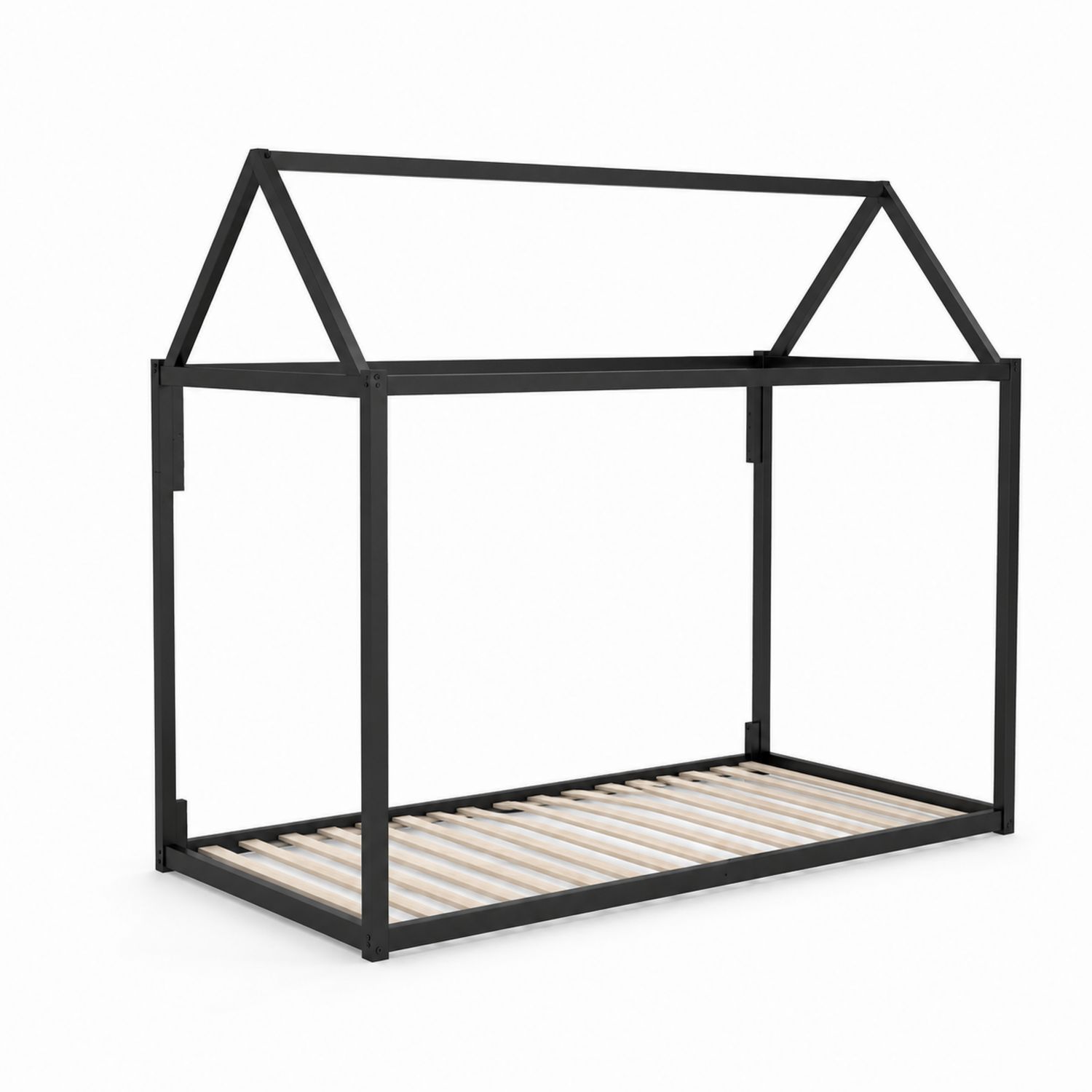 Cama infantil de metal negro y madera