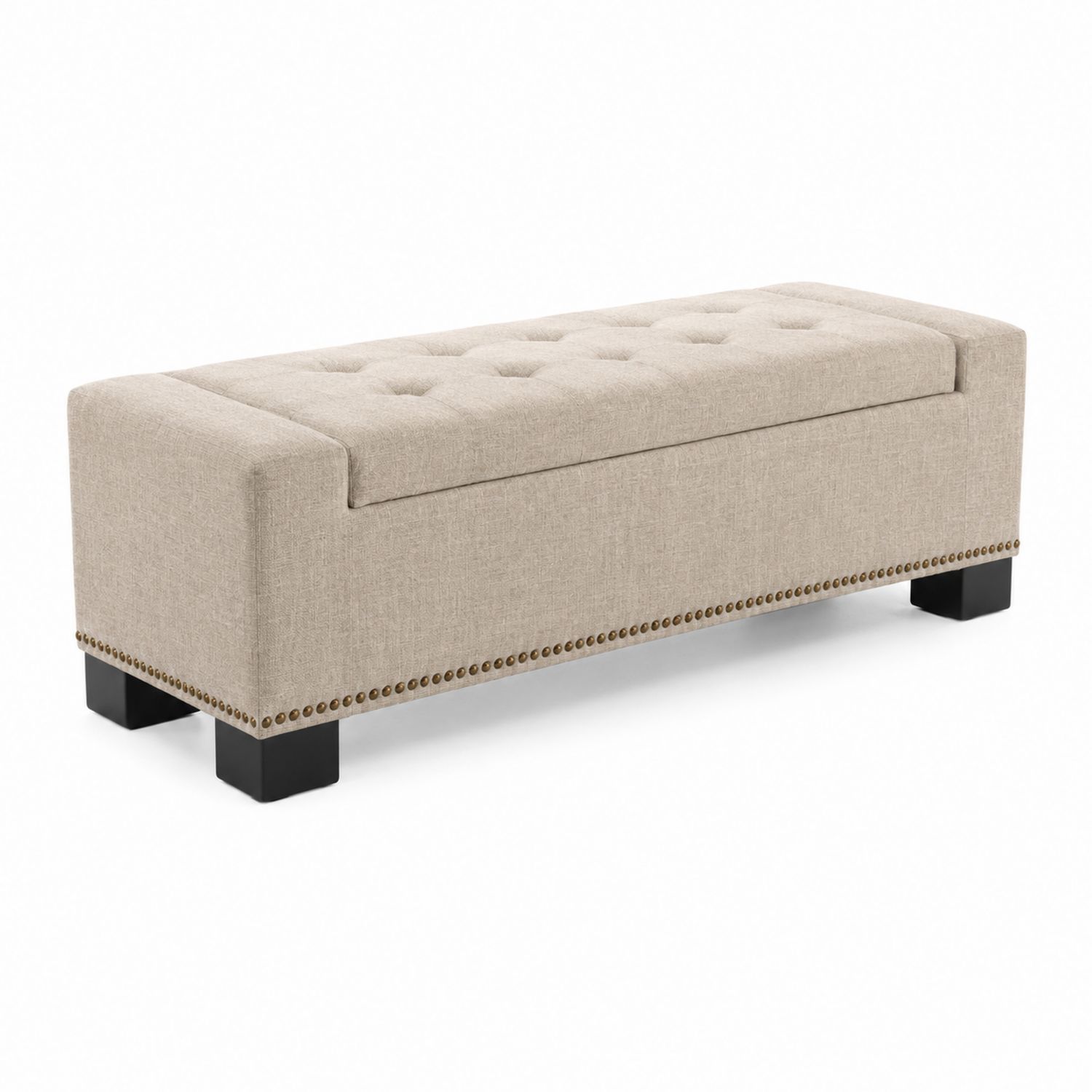 Banco de almacenamiento de madera tapizado en lino beige