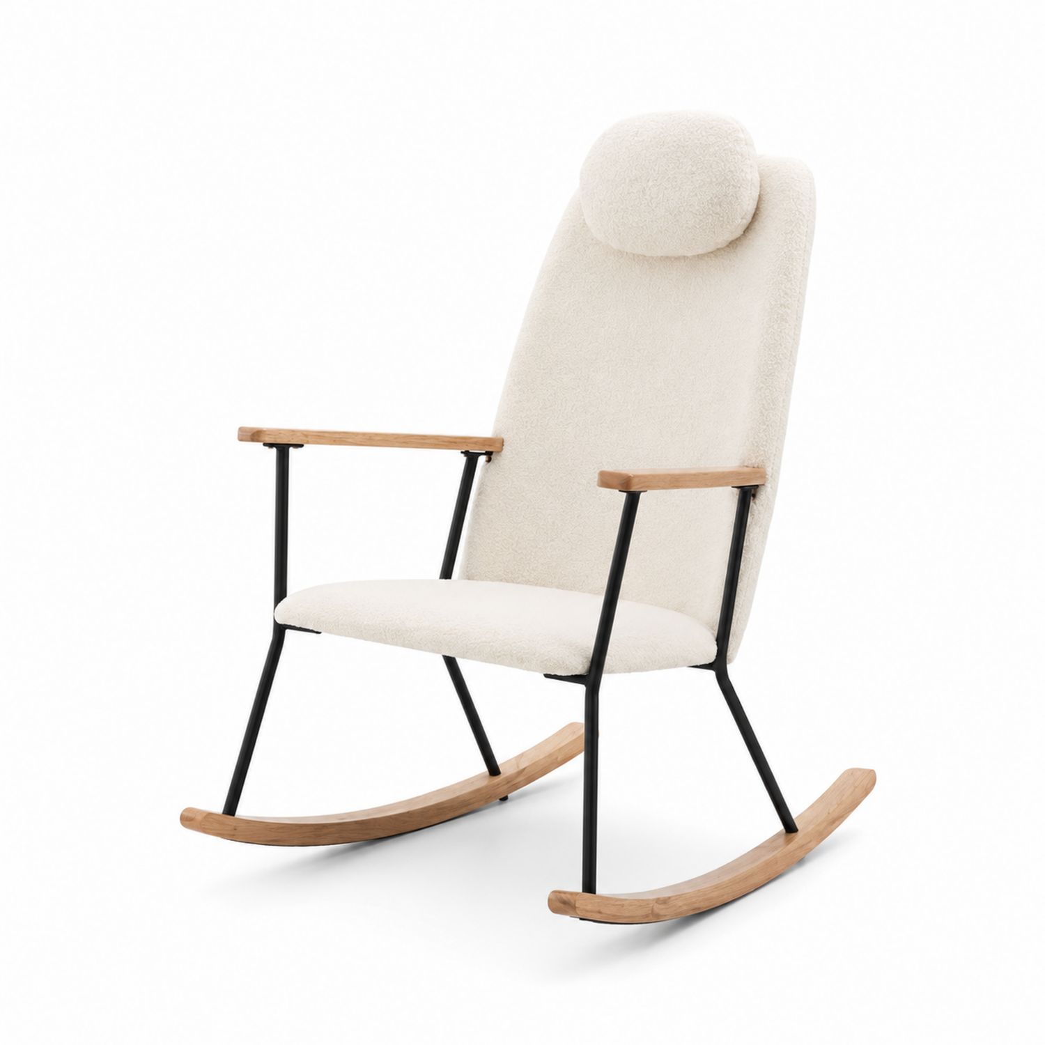 Silla mecedora con marco de metal y asiento de tela beige
