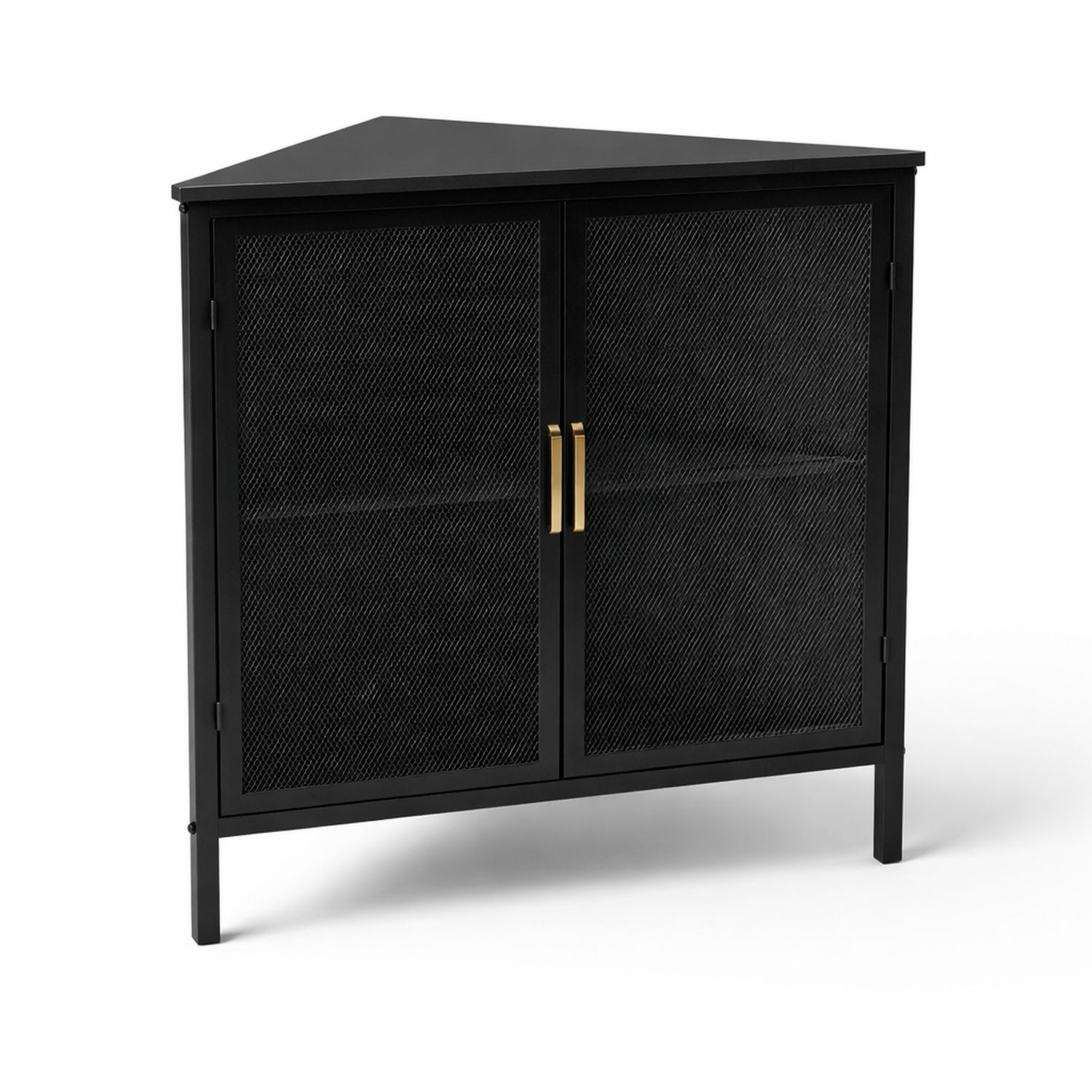 Armario rinconero de metal negro con puertas de rejilla y agarradores dorados 70x70x90cm