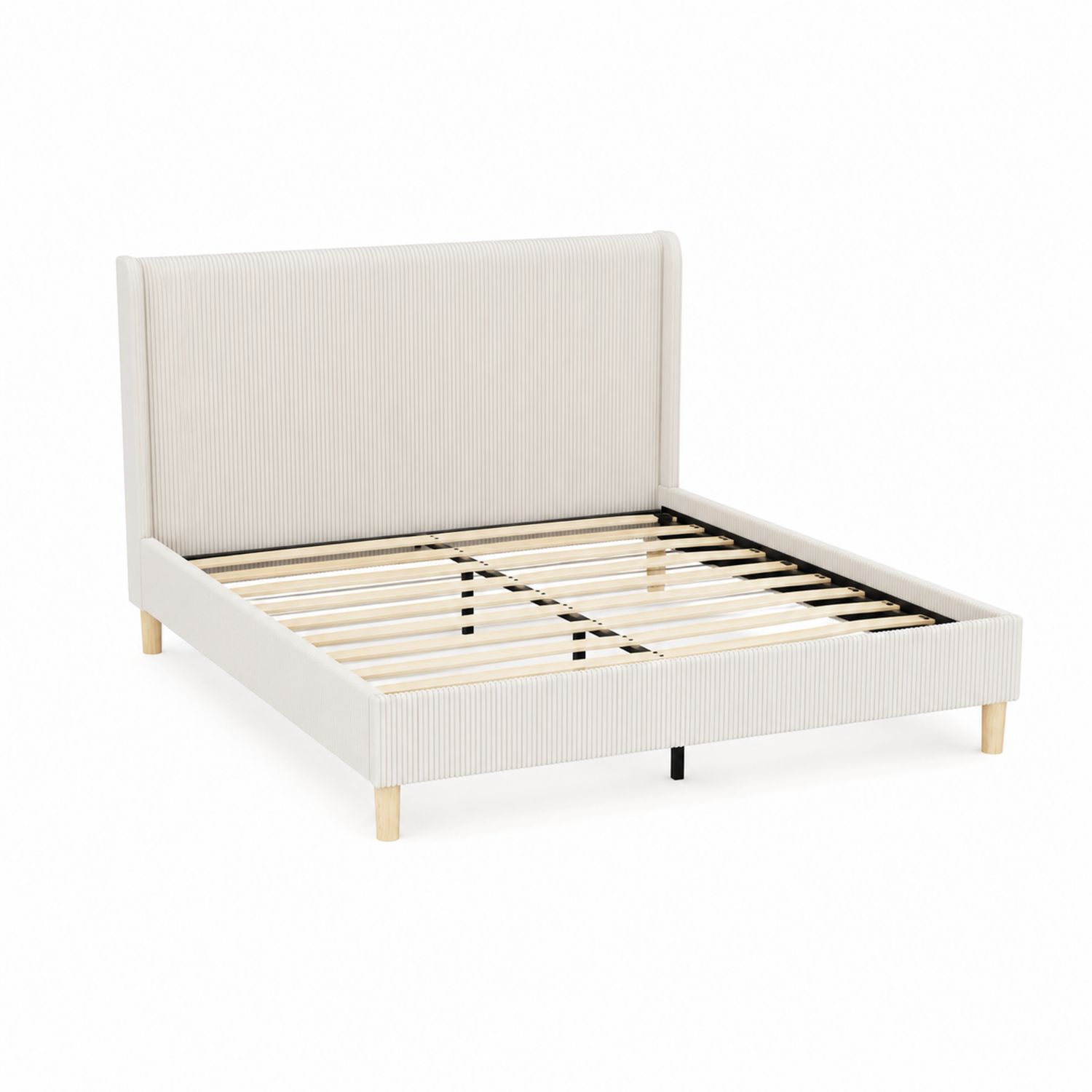 Cama doble con cabecero tapizado en tela beige 200x160 cm estructura de madera y metal