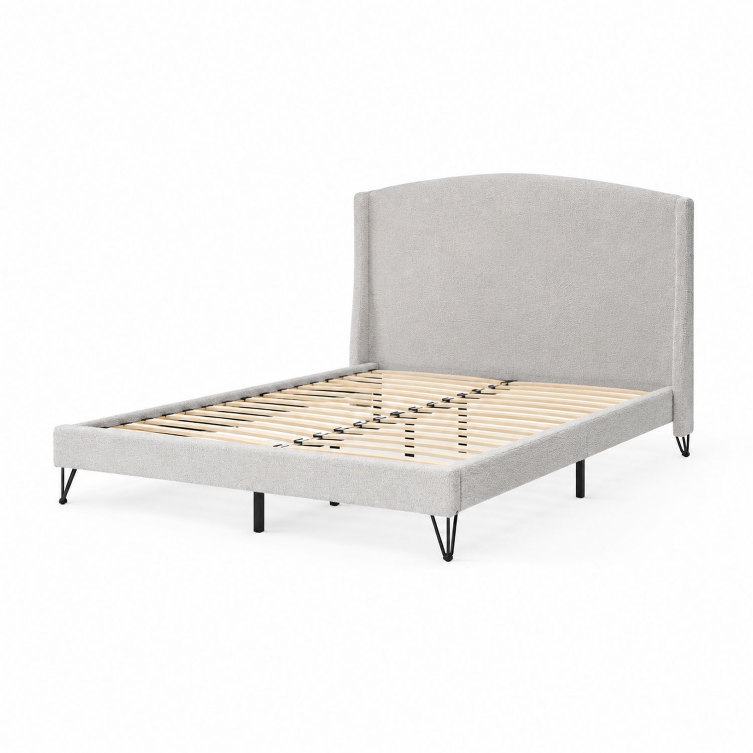 Cama tapizada de madera con cabecero curvo tejido y patas metálicas gris