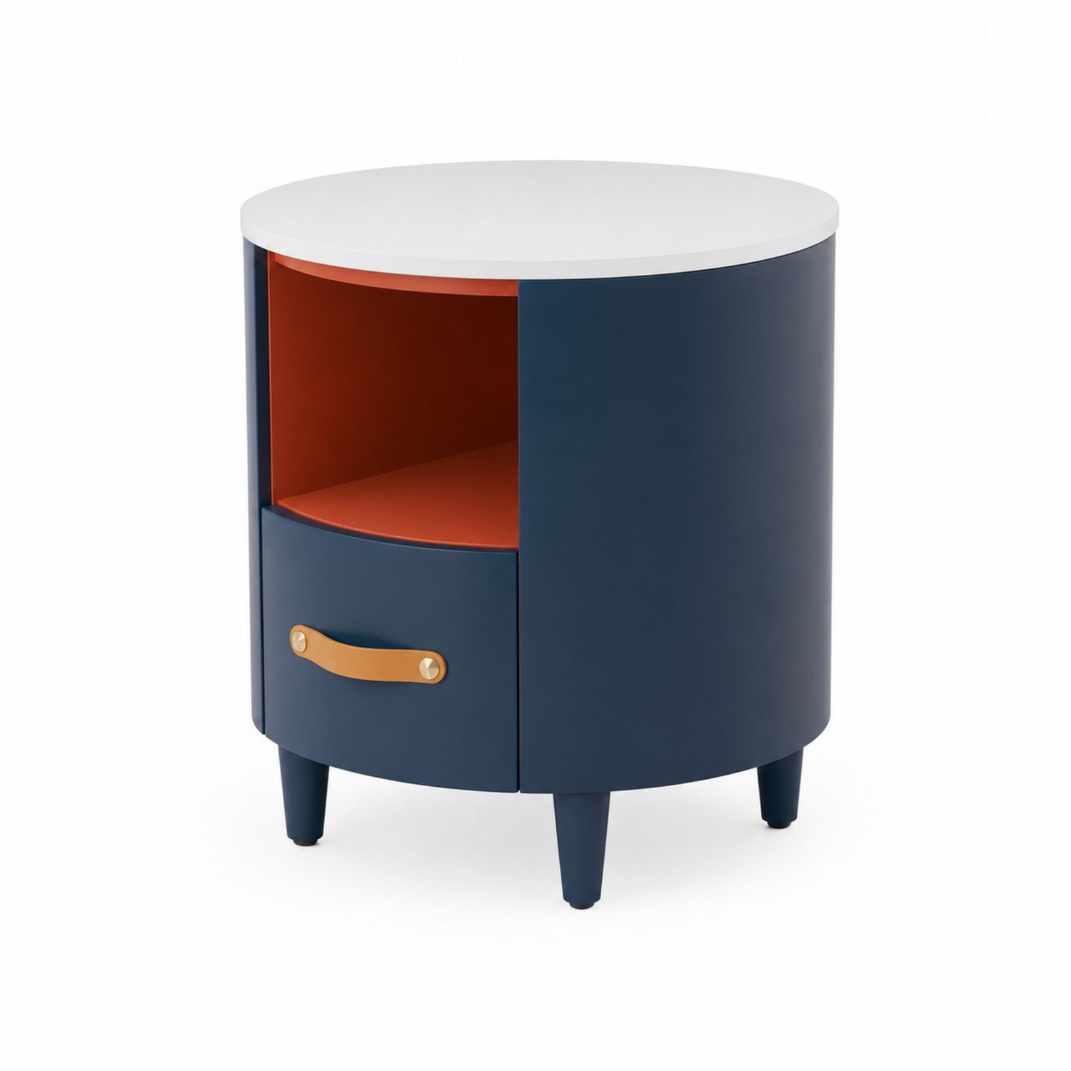 Mesita de noche redonda de MDF con cajón y estante Azul/Blanco/Naranja