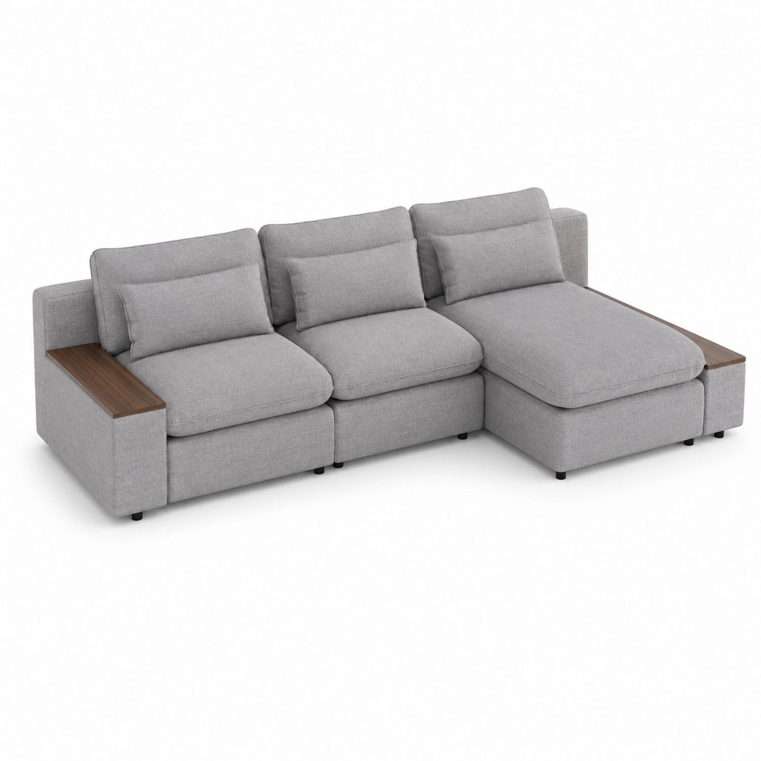 Sofá seccional en L de tela gris con brazos de madera 280 cm-Prestigelodgeeu