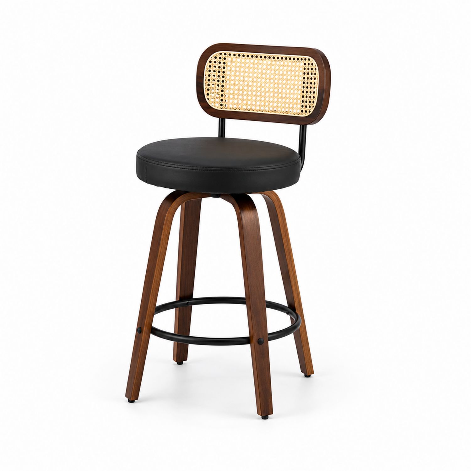 Taburete de bar de madera con respaldo de ratán y asiento de cuero sintético negro-Prestigelodgeeu