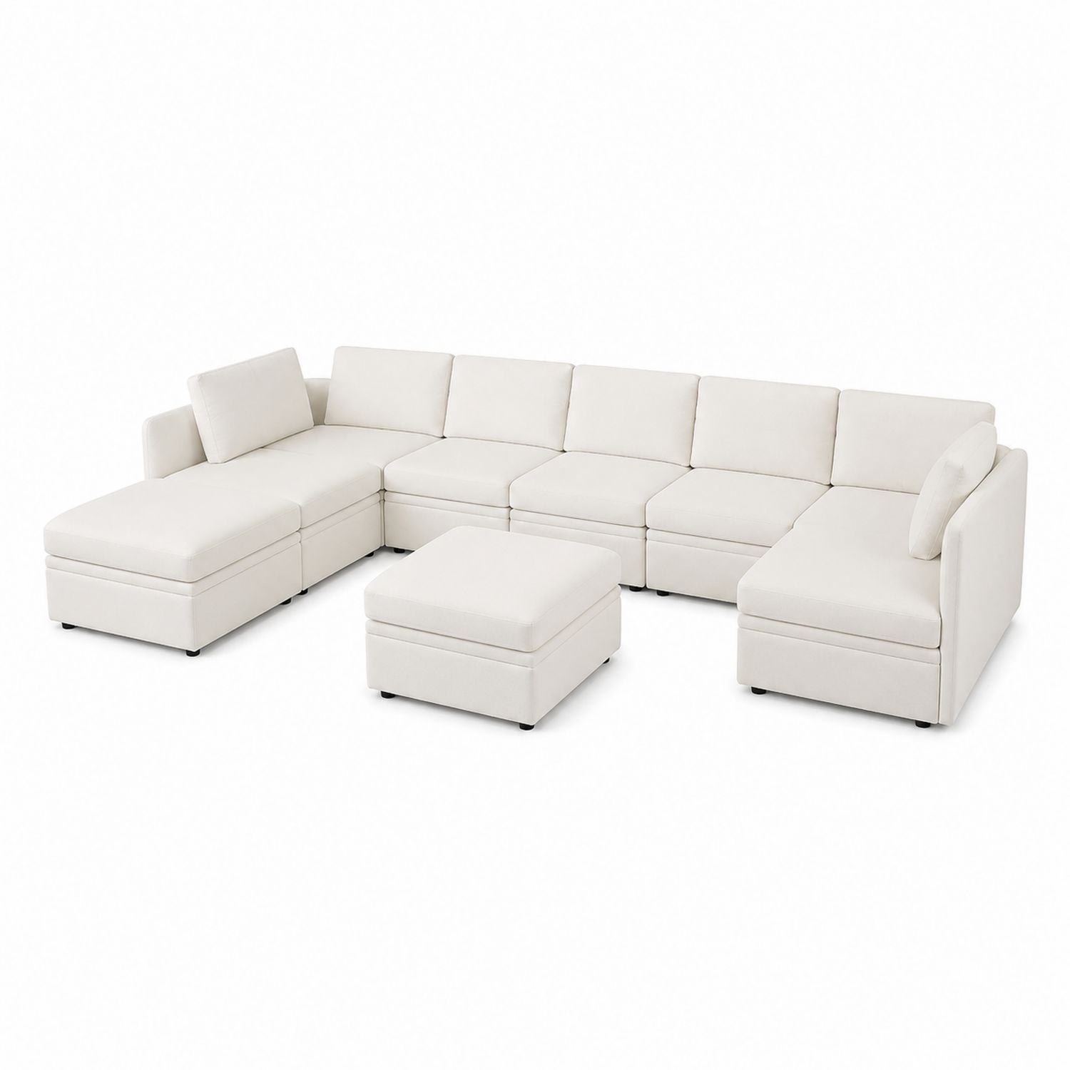 Sofá modular en forma de U 6 asientos tela poliéster blanco-Prestigelodgeeu