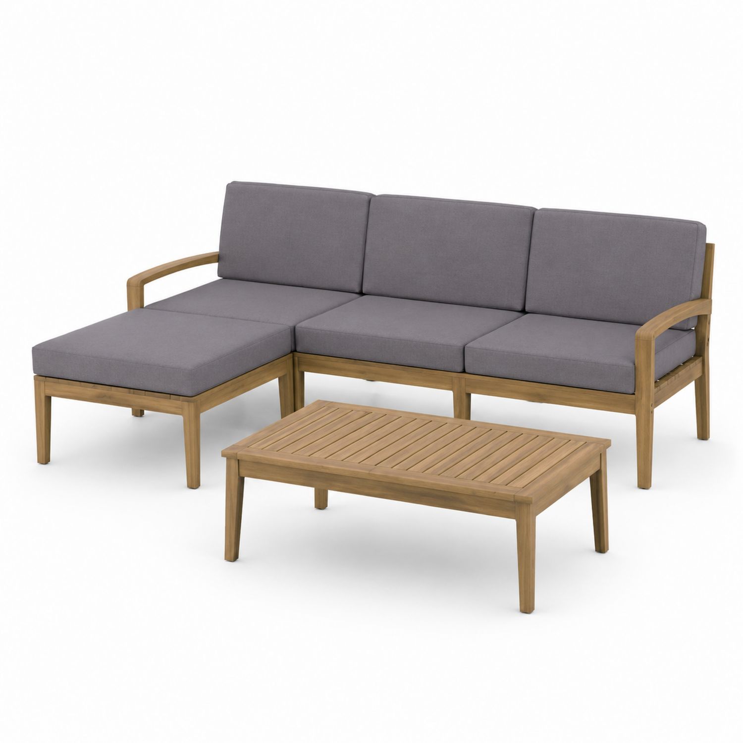 Conjunto de sofá esquinero de exterior con estructura de madera de acacia y cojines grises-Prestigelodgeeu