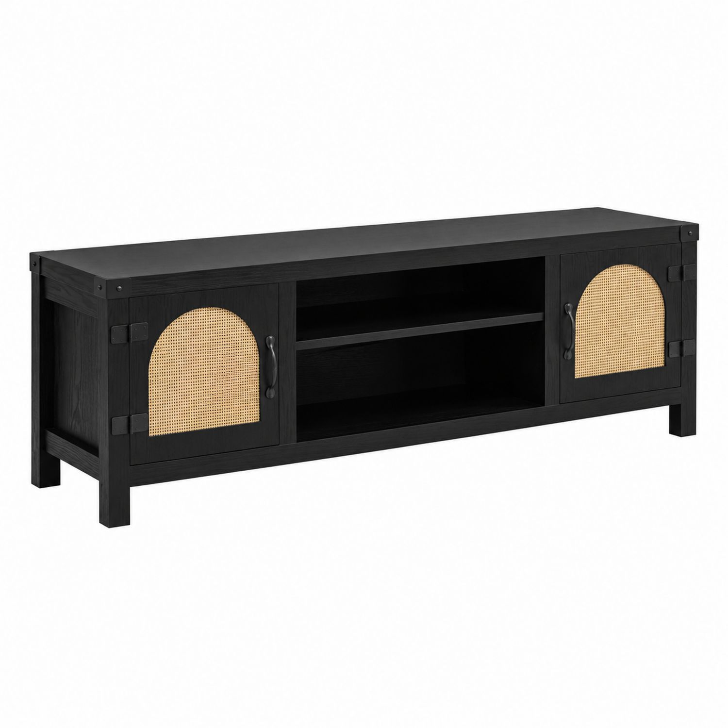 Mesa de TV de Madera Negra con Puertas de Ratán-Prestigelodgeeu