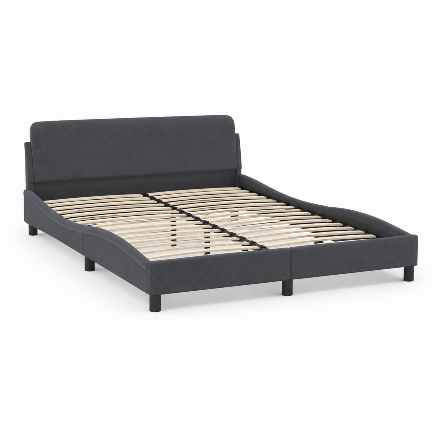 Cama doble de madera y poliéster gris con somier de láminas, 200x160 cm-Prestigelodgeeu