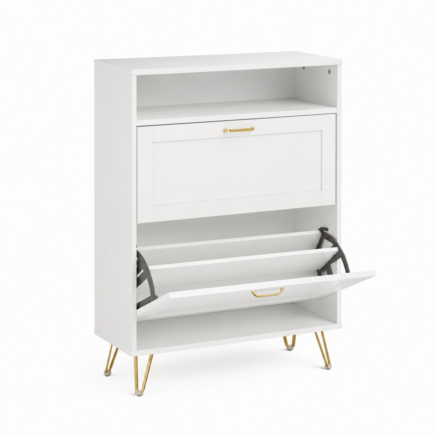 Zapatero de MDF Blanco con Compartimento Abatible y Patas de Metal Dorado-Prestigelodgeeu