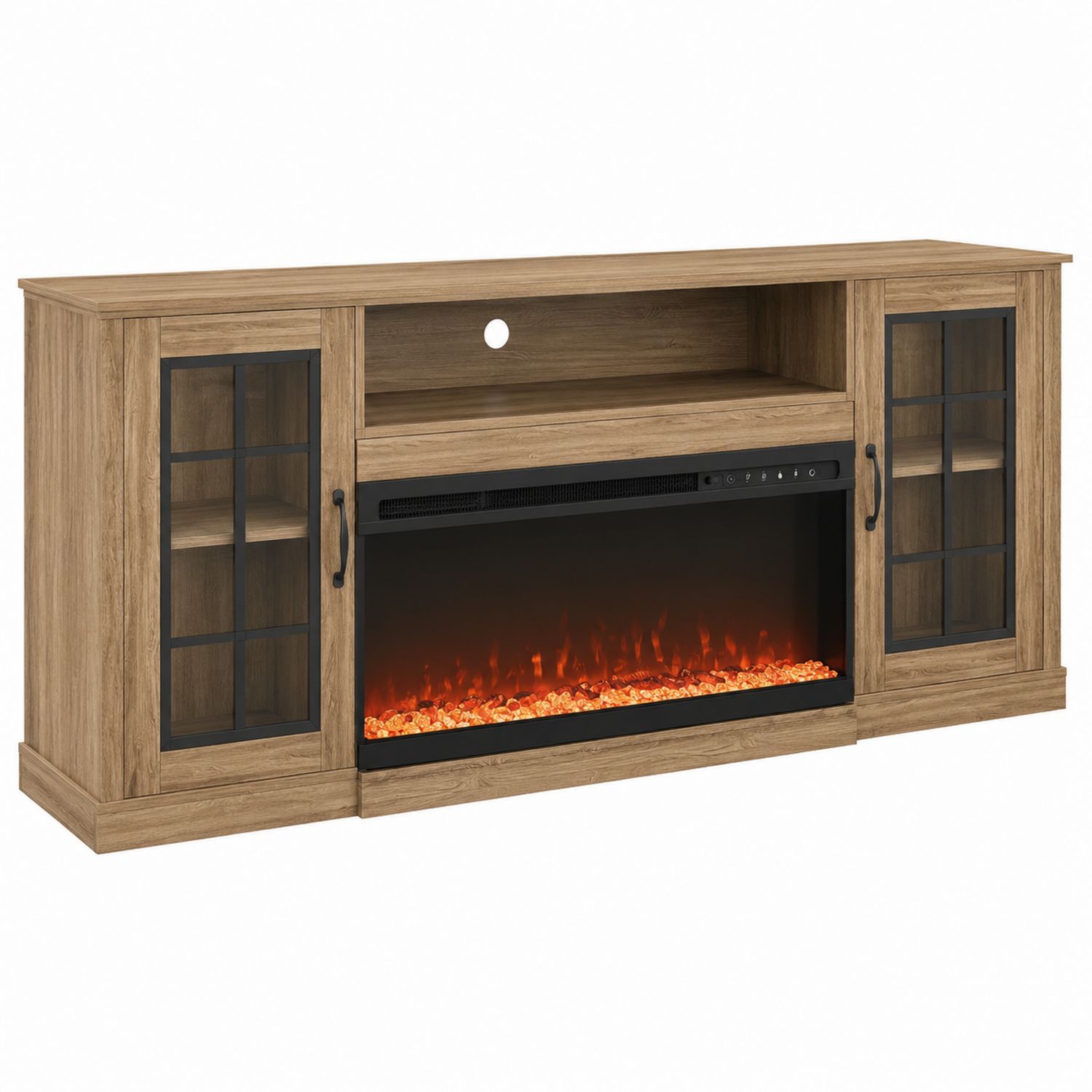 Mueble de TV con Chimenea Eléctrica de Madera y Vidrio Templado 150x40x80 cm Roble-Prestigelodgeeu