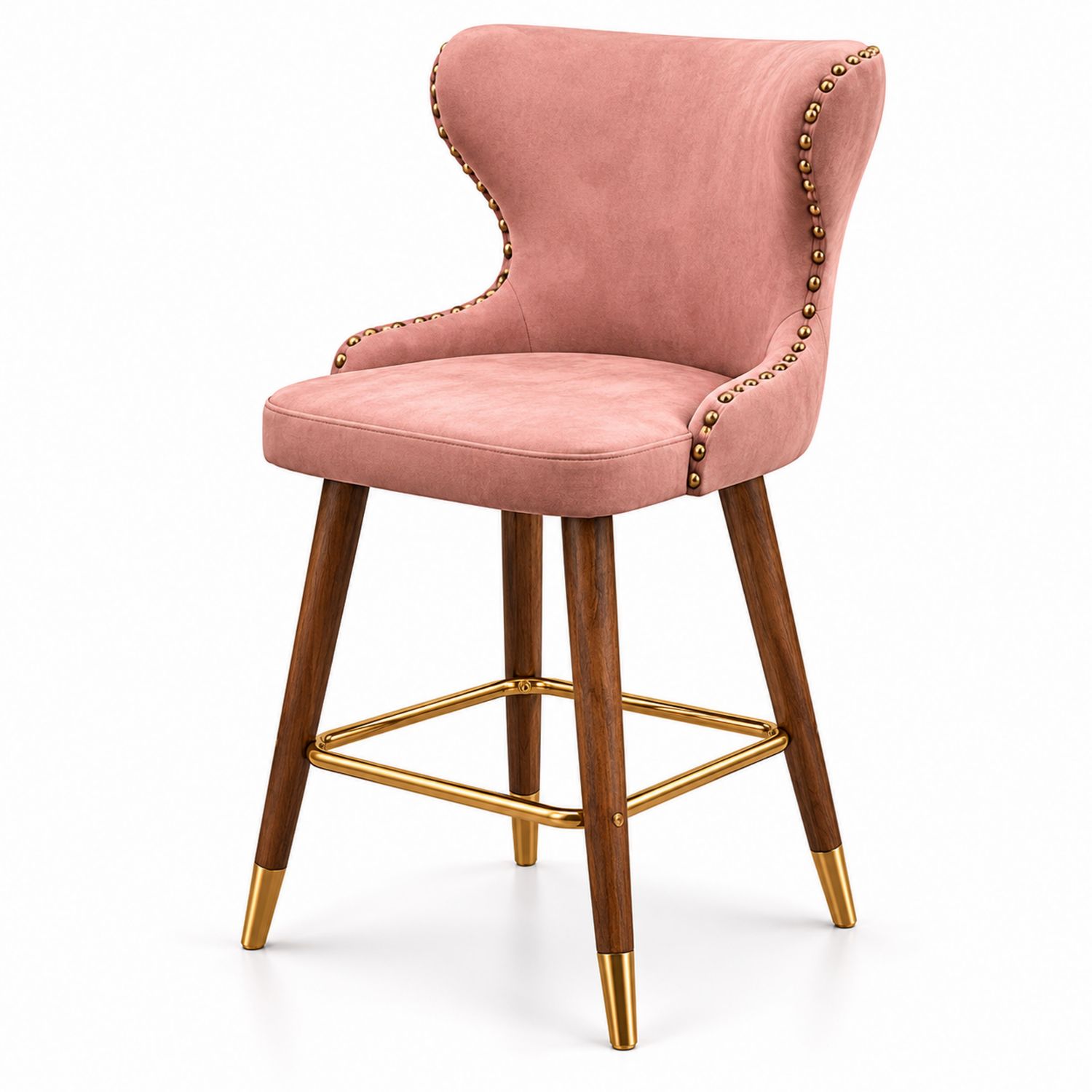 Taburete de Bar en Terciopelo Rosa y Madera-Prestigelodgeeu