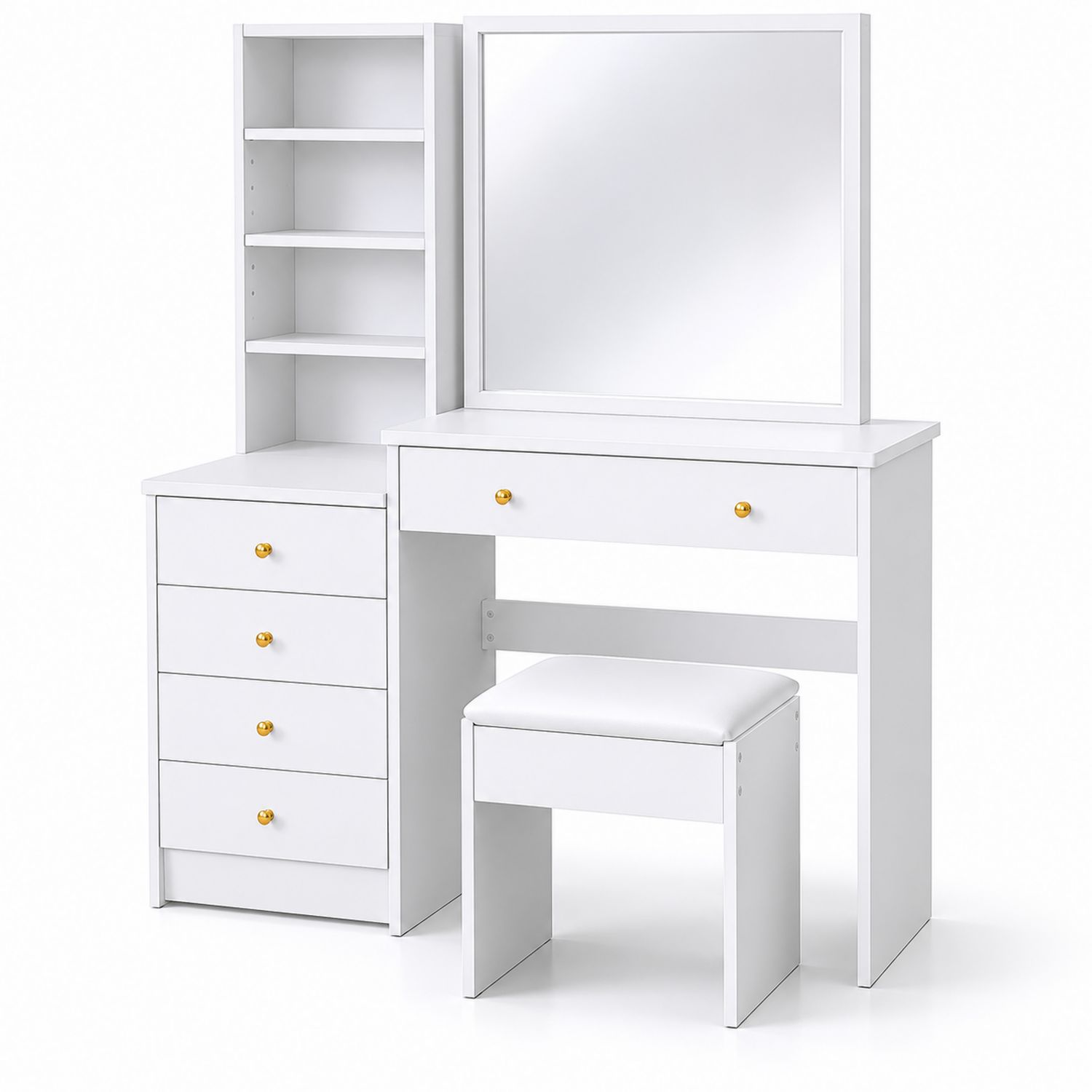 Conjunto de Tocador Blanco con Espejo, Taburete y Cajones-Prestigelodgeeu