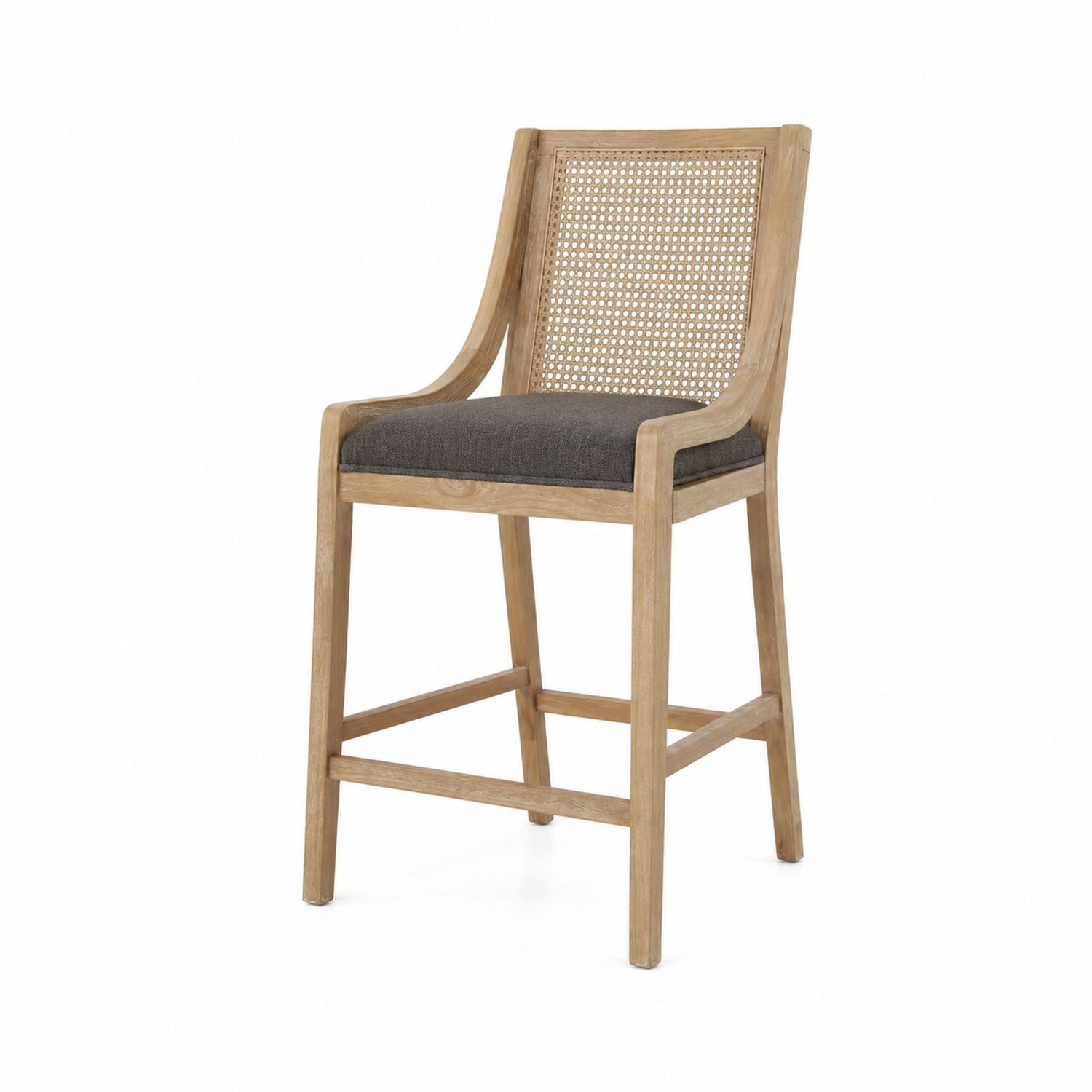 Taburete de Madera con Respaldo de Ratán y Asiento de Tela Gris-Prestigelodgeeu