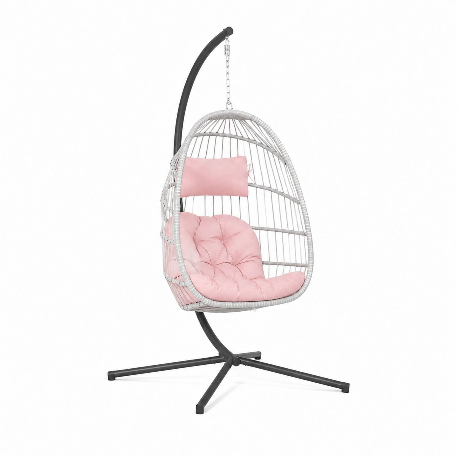 Silla colgante de ratán y metal con cojines rosados-Prestigelodgeeu