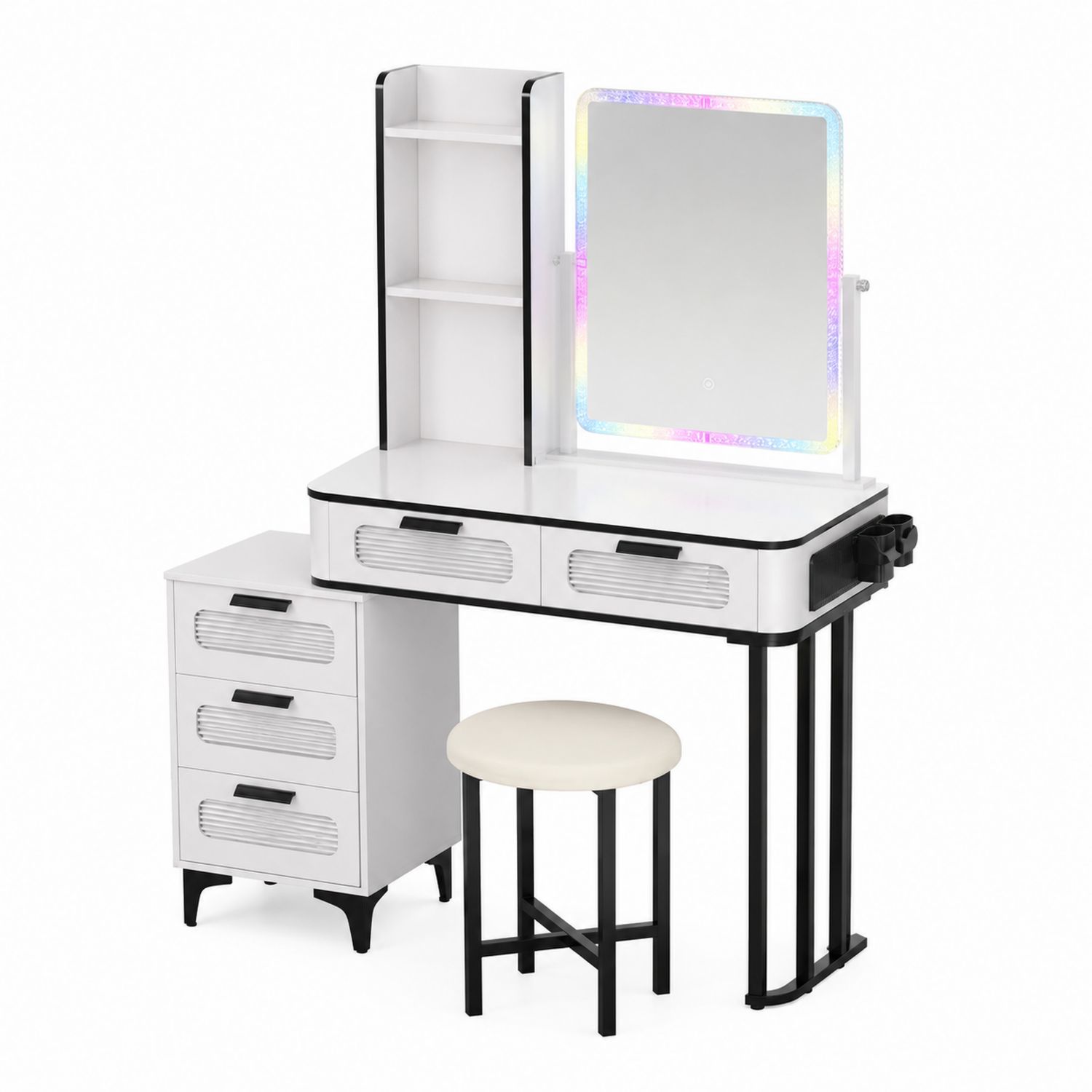Tocador con Espejo LED de Madera y Metal, Blanco y Negro-Prestigelodgeeu