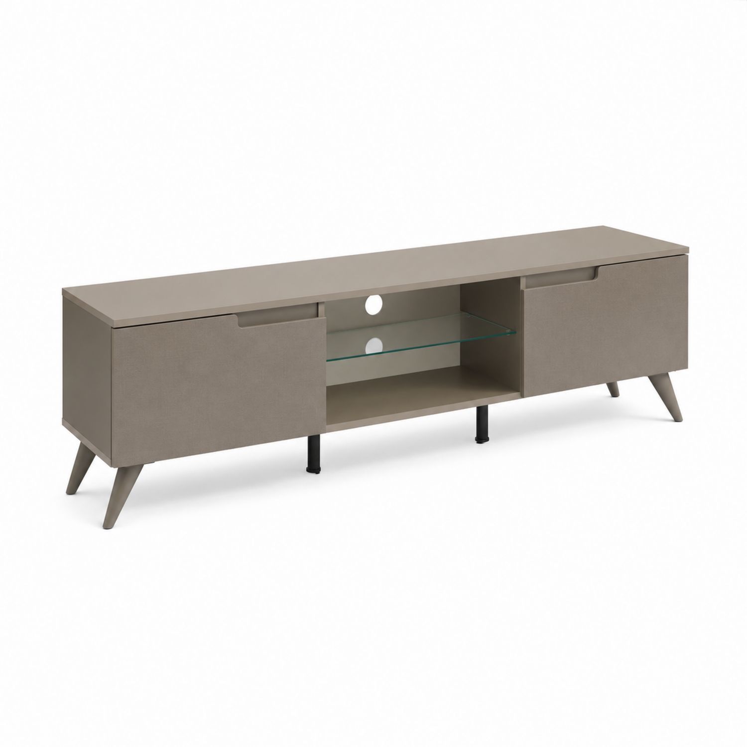 Mueble de TV de MDF con estante de vidrio templado de 180 cm en Beige-Prestigelodgeeu