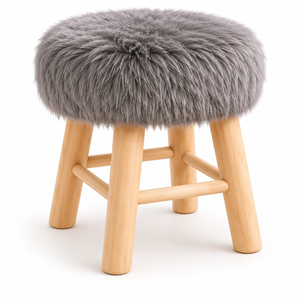 Taburete redondo gris de felpa con patas de madera-norvialiving