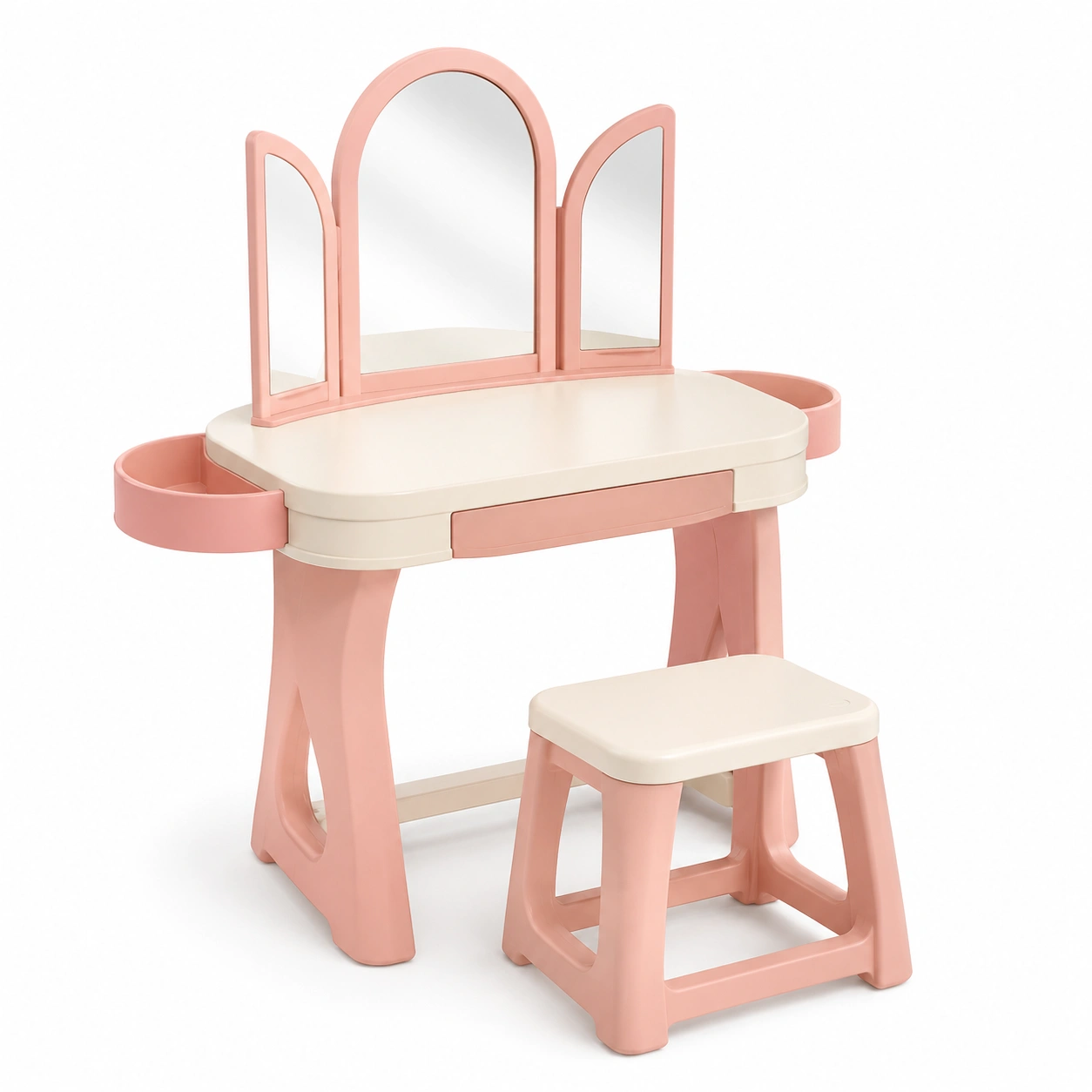 Tocador infantil rosa con espejo triple y taburete-arvikahome