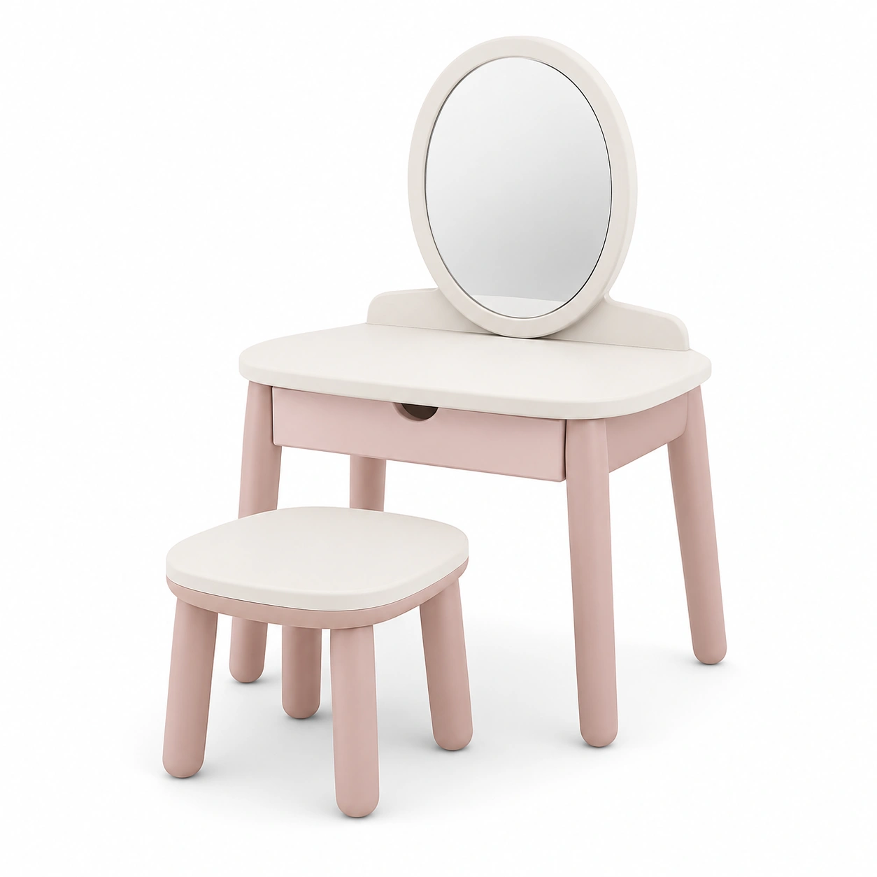 Tocador infantil blanco y rosa con espejo redondo y taburete-arvikahome