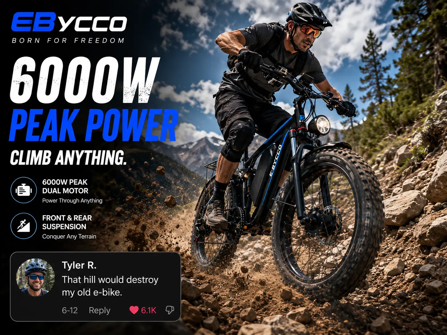 EBycco EB7PRO Peak 6000W  Dual  Motor Ebike for Adults Electric Tire Bike 52V 32AH, Max 40-45 MPH, 100 Miles Long Range, Hydraulic Disc Brake, 24"/26" Fat  Offroad Hunting E-Bike, Full Suspension Electric Bicycle,father'sdaygifts,campingessentials,camping