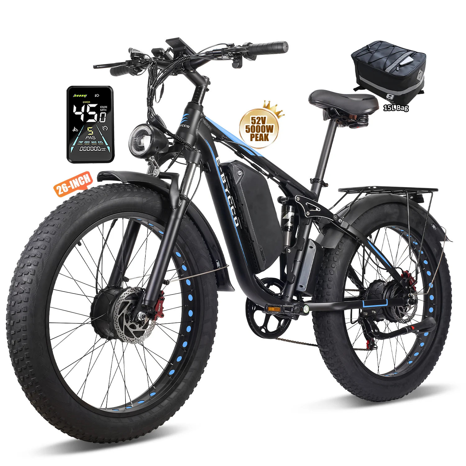 EBycco EB7PRO Peak 6000W  Dual  Motor Ebike for Adults Electric Tire Bike 52V 32AH, Max 40-45 MPH, 100 Miles Long Range, Hydraulic Disc Brake, 24"/26" Fat  Offroad Hunting E-Bike, Full Suspension Electric Bicycle,father'sdaygifts,campingessentials,camping