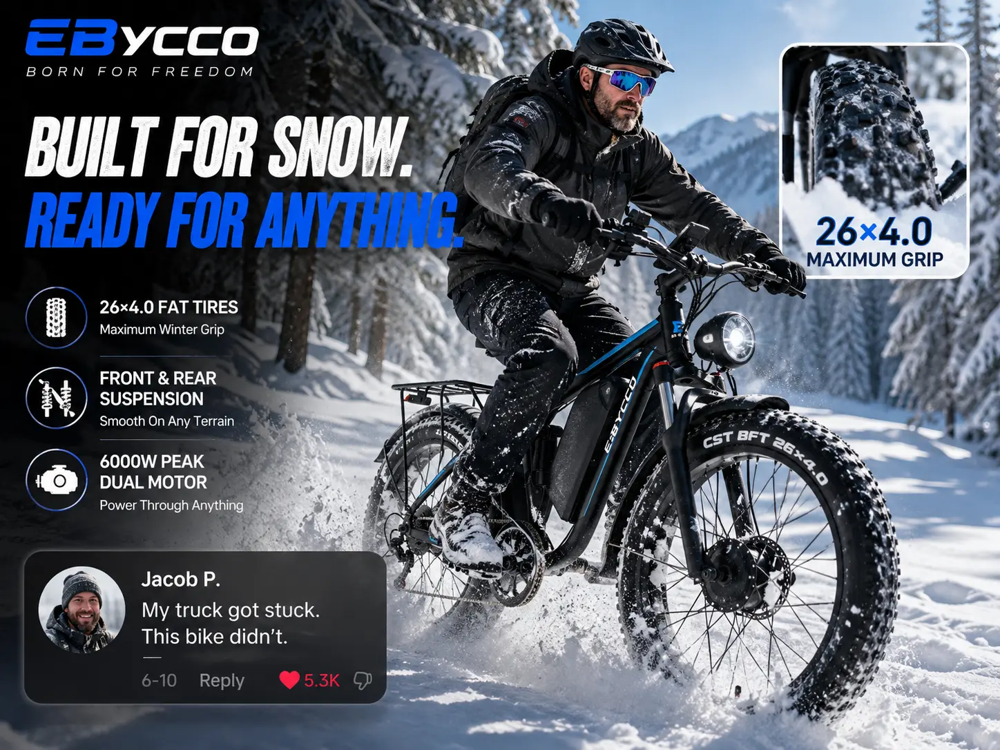 EBycco EB7PRO Peak 6000W  Dual  Motor Ebike for Adults Electric Tire Bike 52V 32AH, Max 40-45 MPH, 100 Miles Long Range, Hydraulic Disc Brake, 24"/26" Fat  Offroad Hunting E-Bike, Full Suspension Electric Bicycle,father'sdaygifts,campingessentials,camping