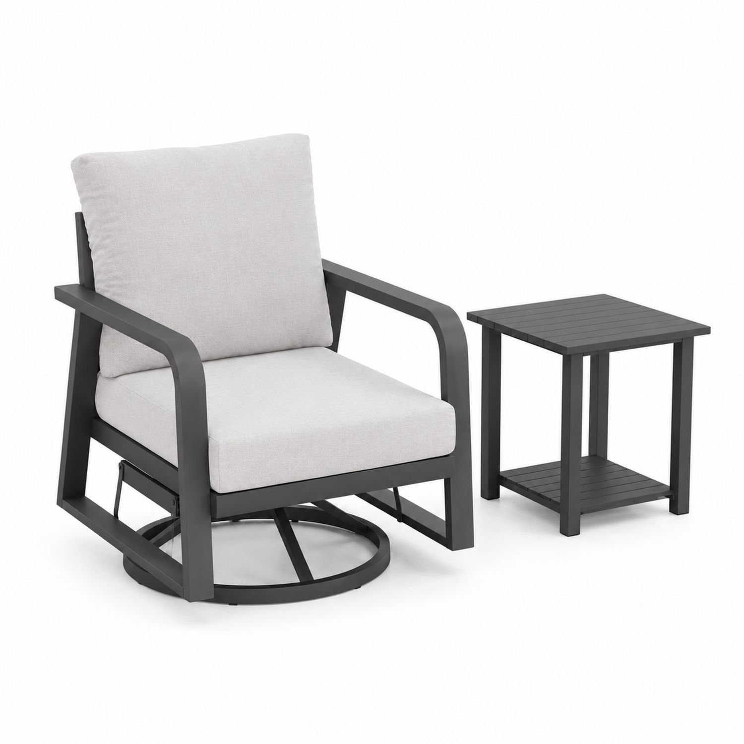 Set Sedia Girevole da Esterno Metallo con Tavolino Cuscini Grigi