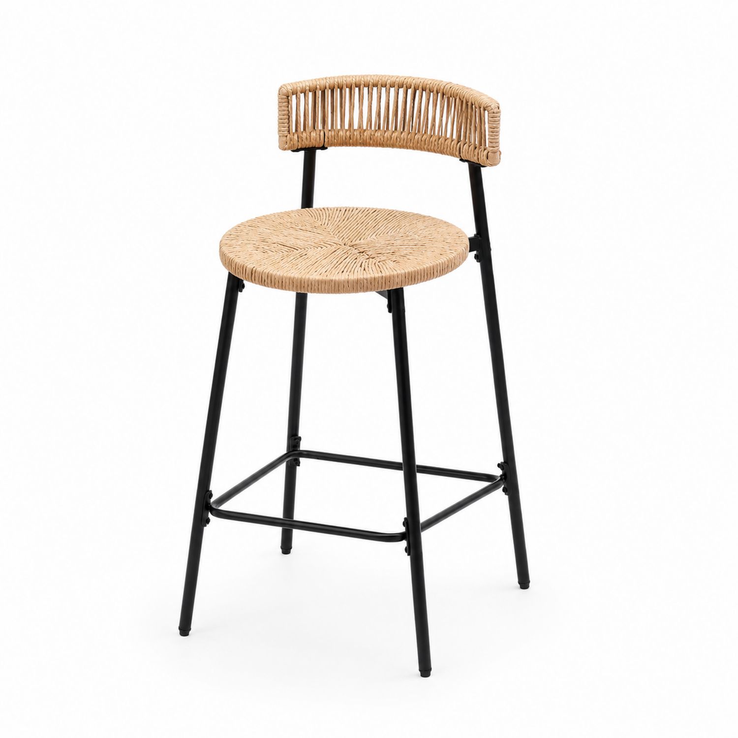 Sgabello da Bar in Rattan e Metallo Nero